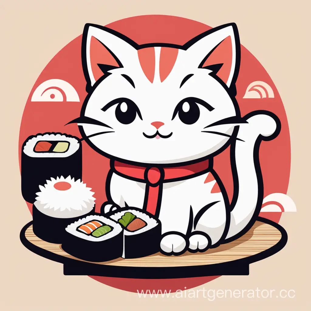 логотип ресторана японской кухни в виде милого котёнка в виде суши мультяшный стиль