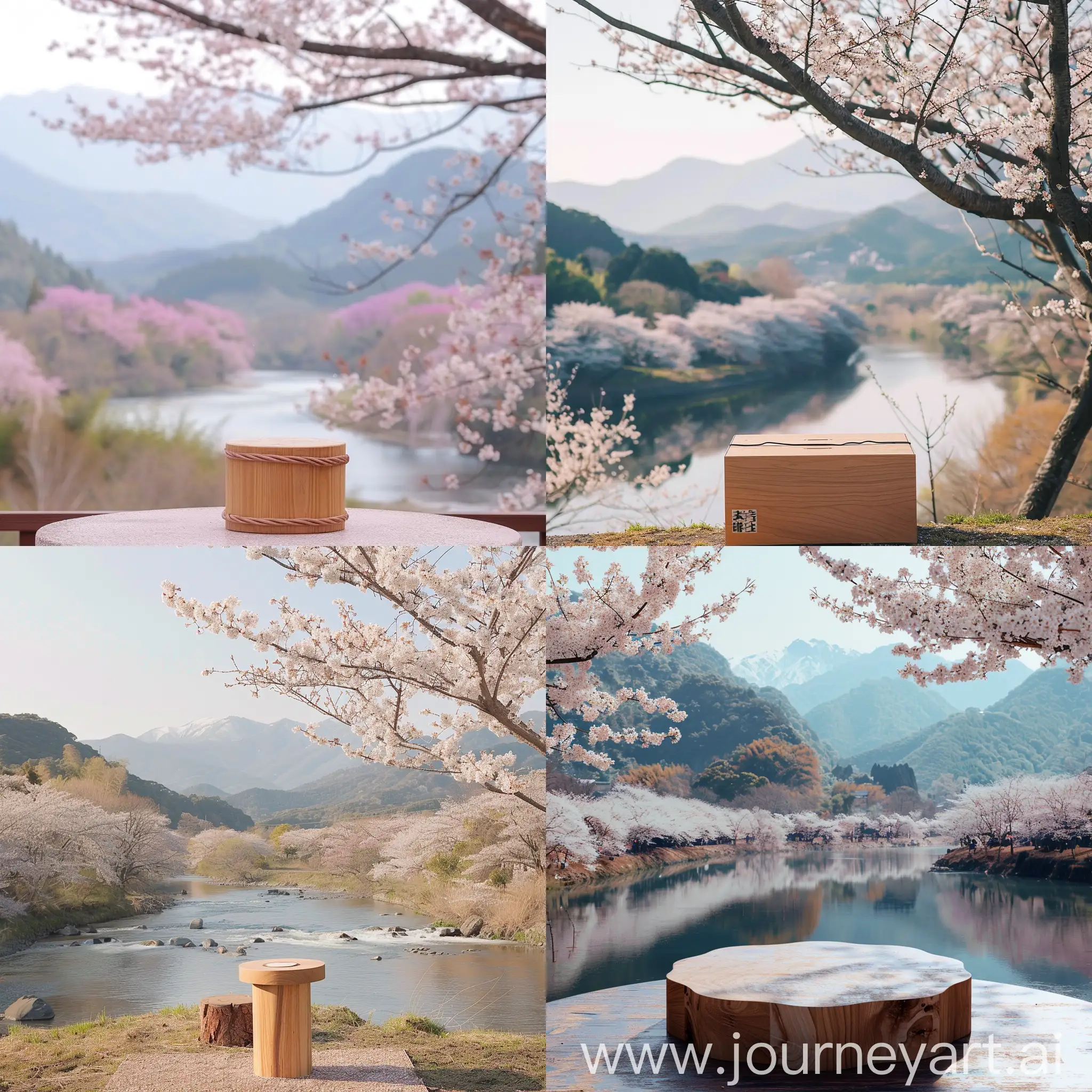 на заднем плане: японская сакура, горы, река. на переднем небольшой подиум из древесины