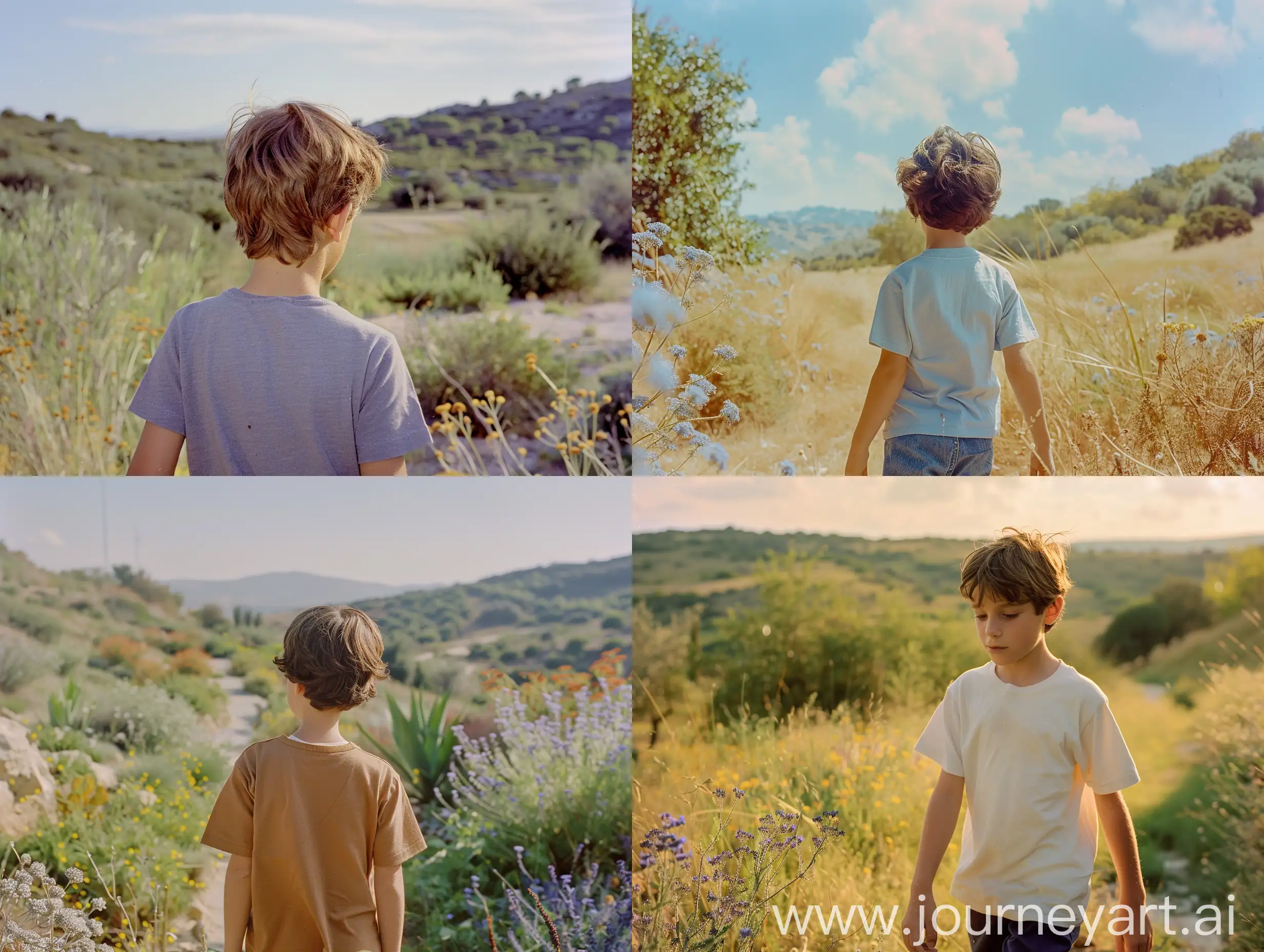 a 10 years old brown hair curious boy walking in a david hockney nature landscape. wide shot film 35mm