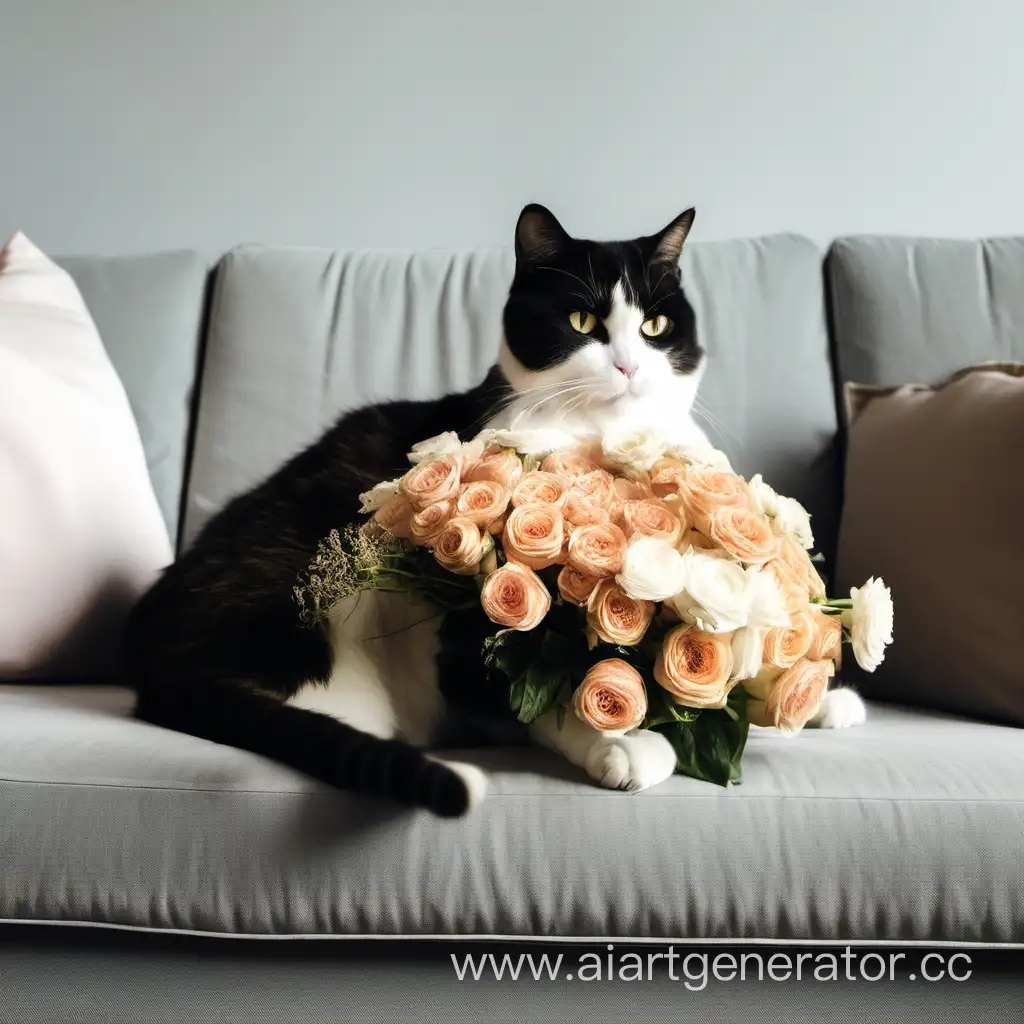 a cat sits with a bouquet of flowers on the sofa