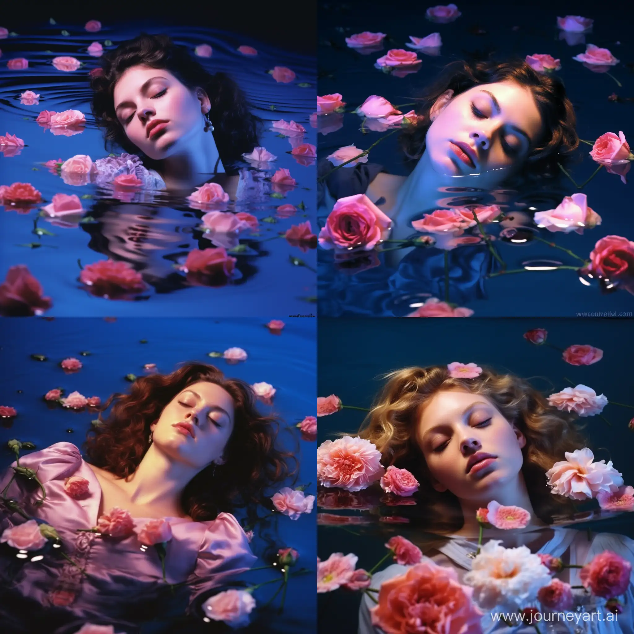 A very realistic 21 years old girl, floating on the water in a light pink dress, relax. the photo is a promotional shoot. flowers are floating on the water around her. it's night time and blue underwater lights are on. the photography is in Miles Aldridge's style.