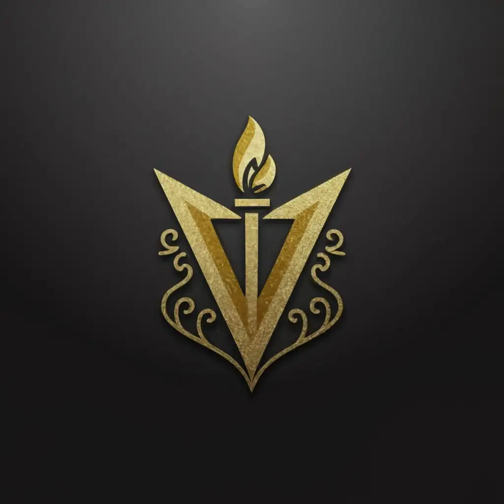 a logo design,with the text "V", main symbol:gilded triangle torch,complex,clear background