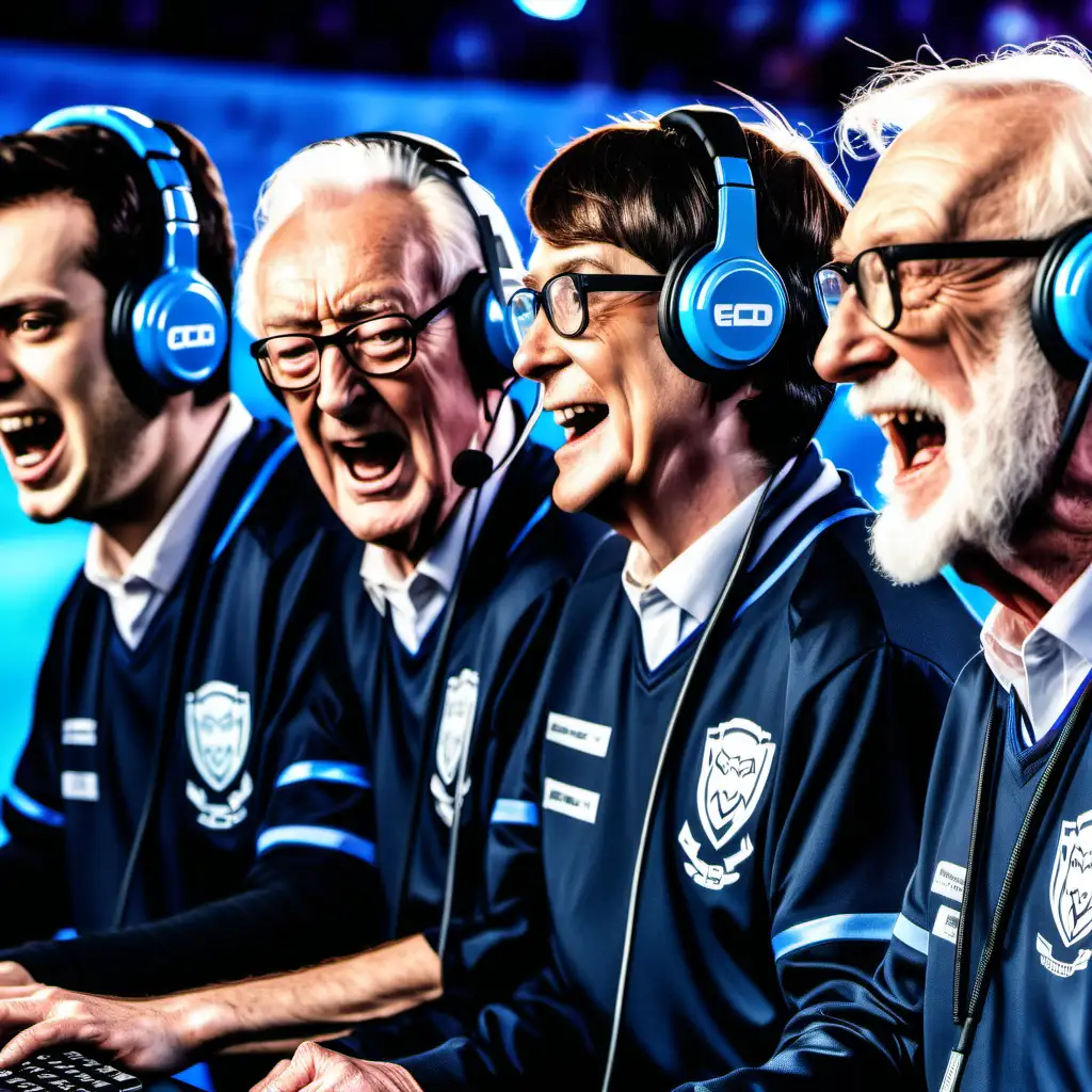 3 elderly people. 3 differn't looking males and  playing a video game on computers,  They are on a esports stage in a stadium. Wearing headsets with microphones. All in the same uniform with their team name on there Team Video Game. They celebrate. The crowd go wild in the back ground look like Michael Caine, brian cox