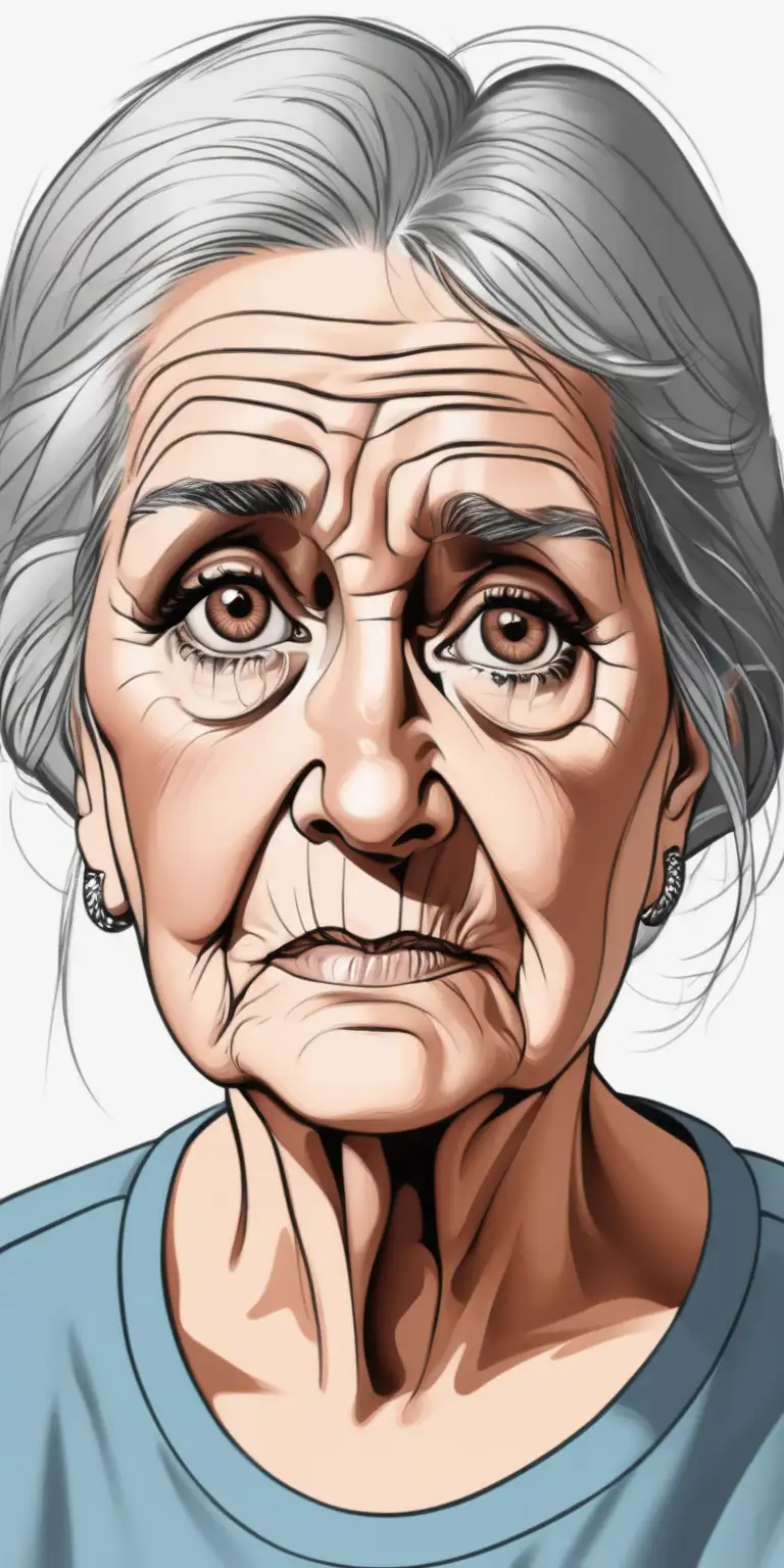 illustration of 69 year old woman with dark eyes baegs and looks weak


