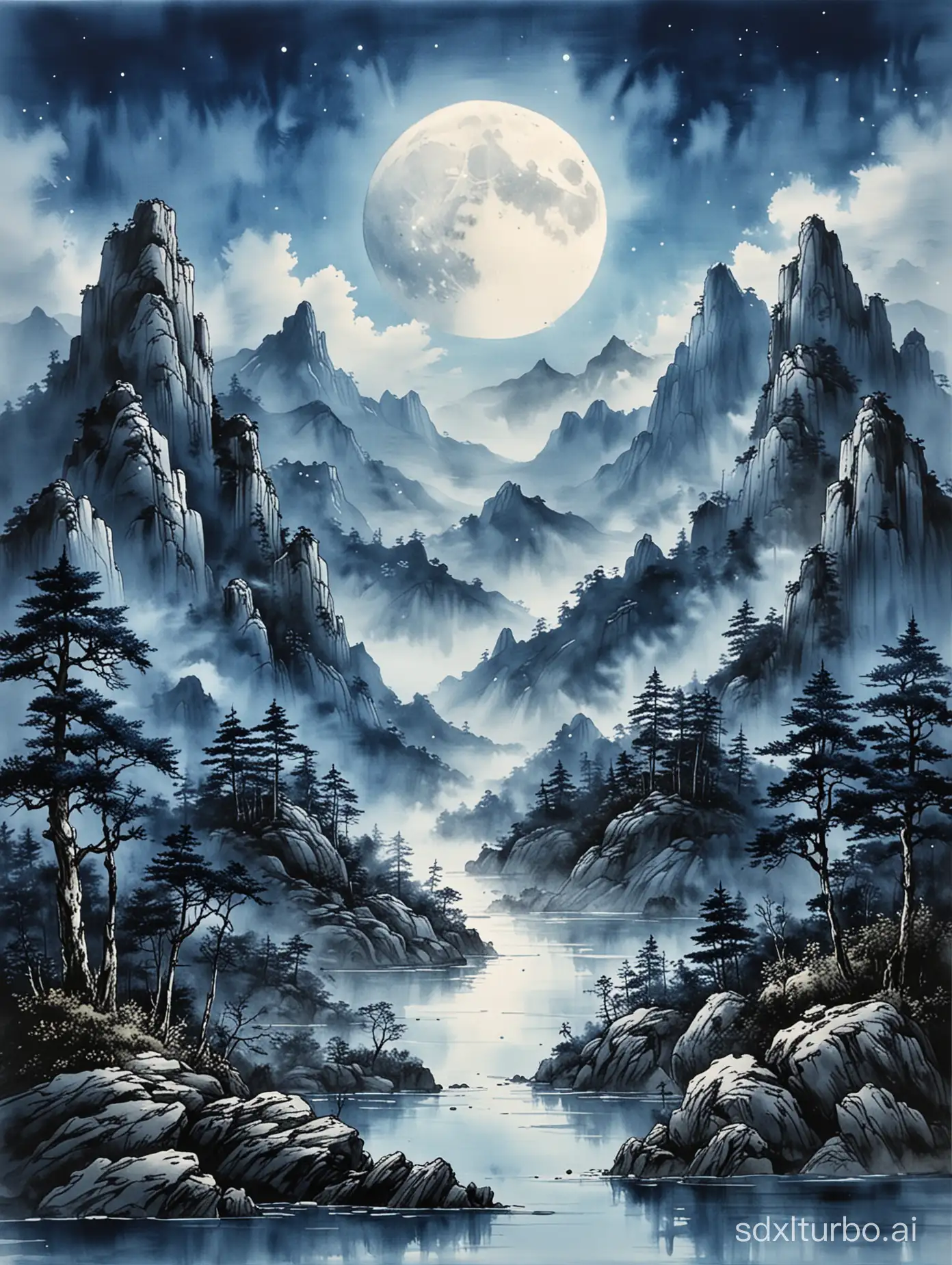 月亮 山 蓝色 水墨画