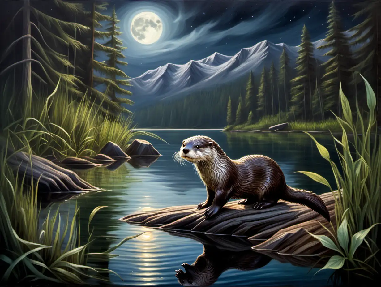OIL PAINTING OF OTTER IN LAKE , WOODS, FOREST, MOUNTAINS, MOONLIGHT, WEEDY SHORELINE

