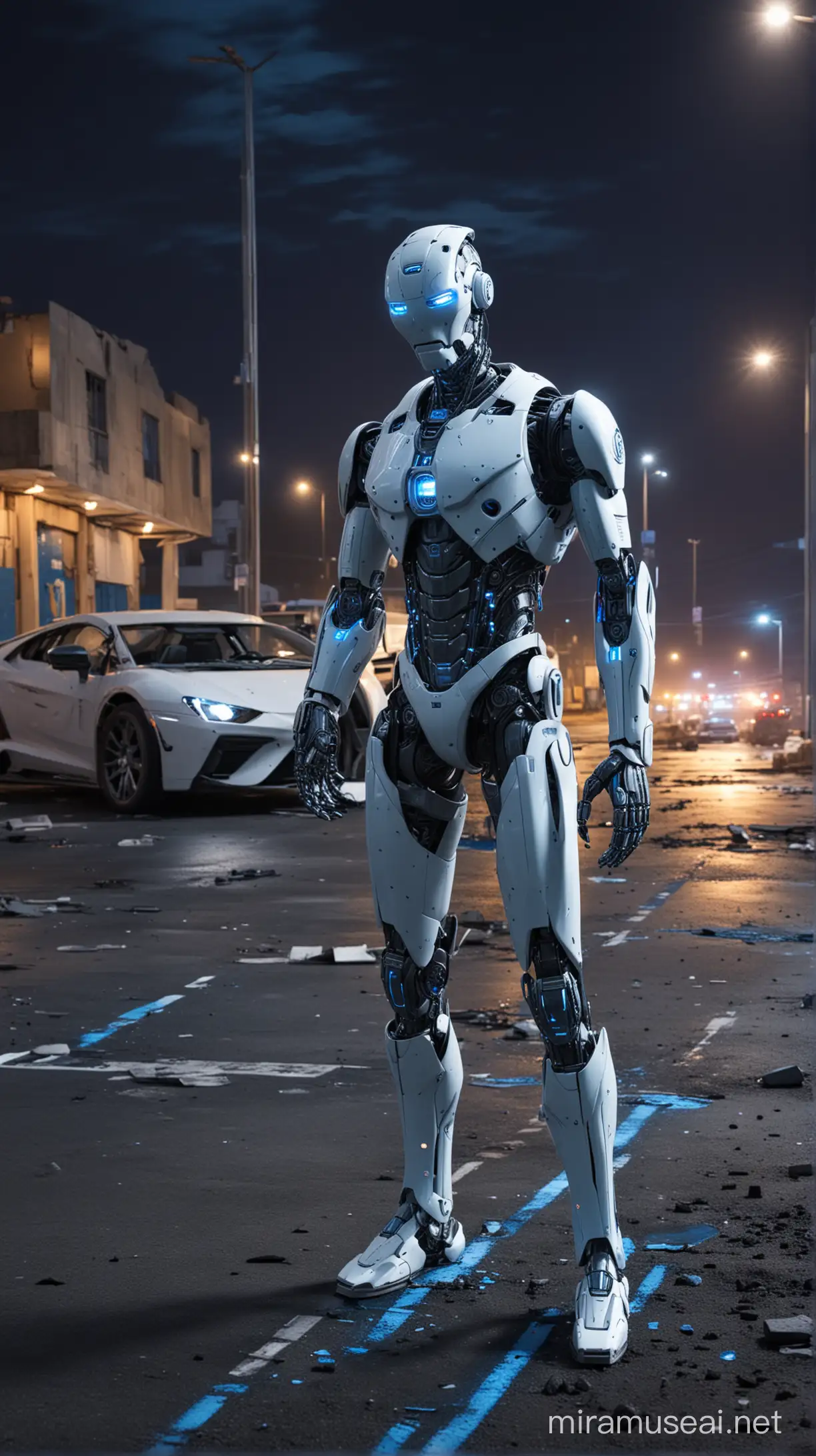 futuristic human robot in a destroyed parking night , with blue neon light,, a white line painted in the ground,futuristic car behind him