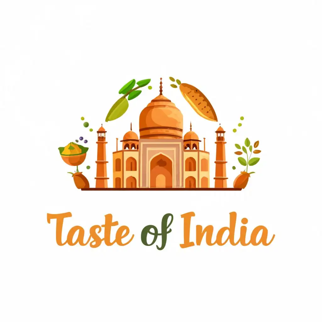 a logo design,with the text "Taste of India", main symbol:Tag mahal and Indian food,Minimalistic,be used in Restaurant industry,clear background