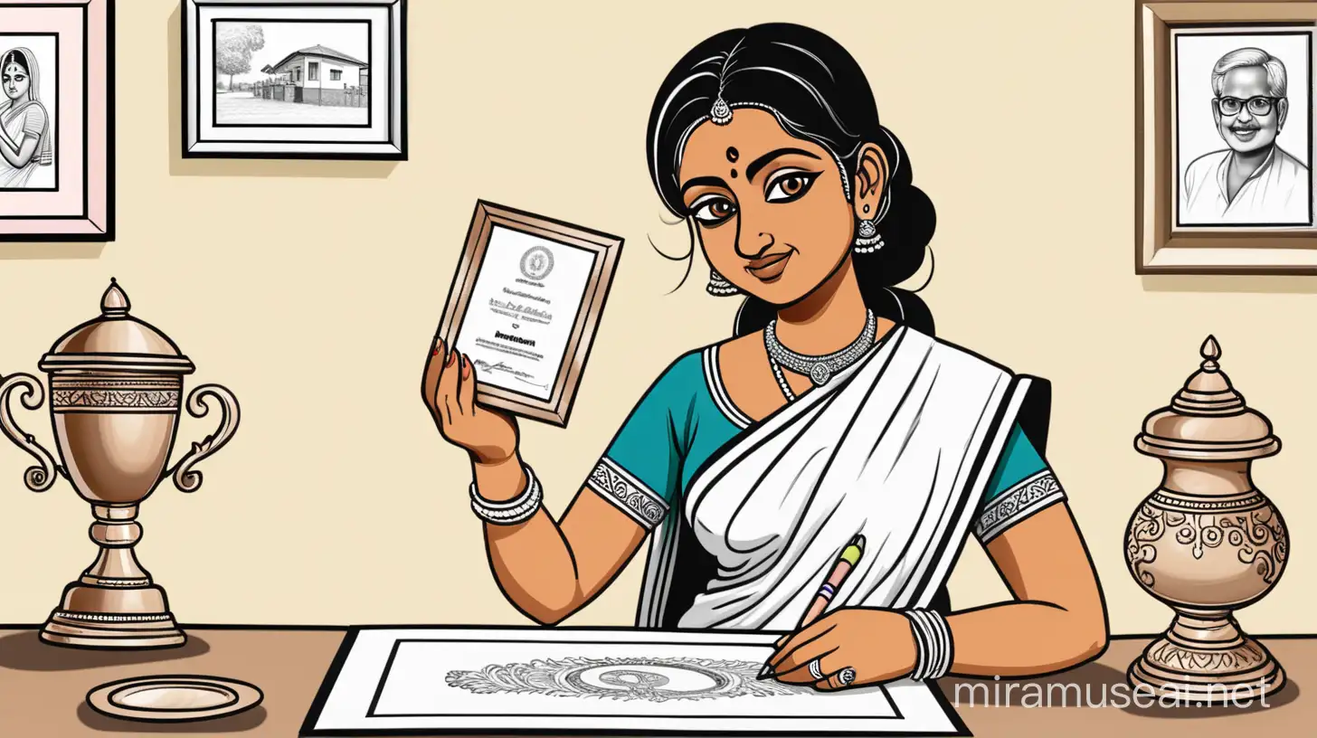 A Bengali housewife gets an award in drawing. Please make the image cartoon type.