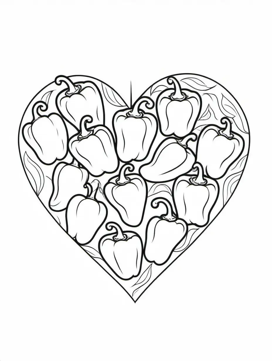 MINI PEPPERS INSIDE OF A HEART , Coloring Page, black and white, line art, white background, Simplicity, Ample White Space. The background of the coloring page is plain white to make it easy for young children to color within the lines. The outlines of all the subjects are easy to distinguish, making it simple for kids to color without too much difficulty