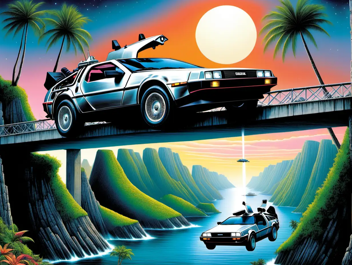 Magical Island Journey in Roger Dean Style with Delorean Car on Bridge