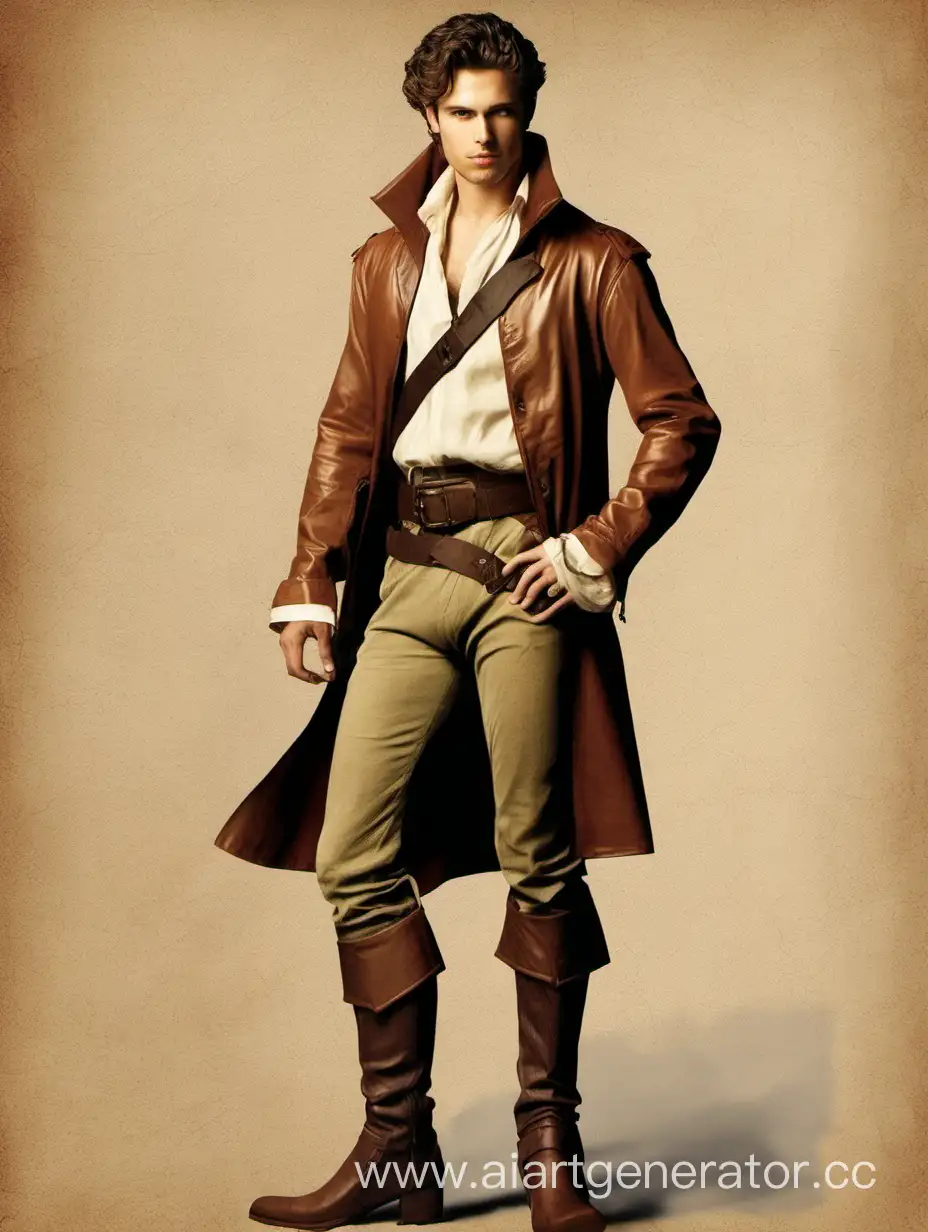 Парень в светлой куртке и штанах, коричневой кожаной куртке и высоких ботфортах на каблуках средневековье