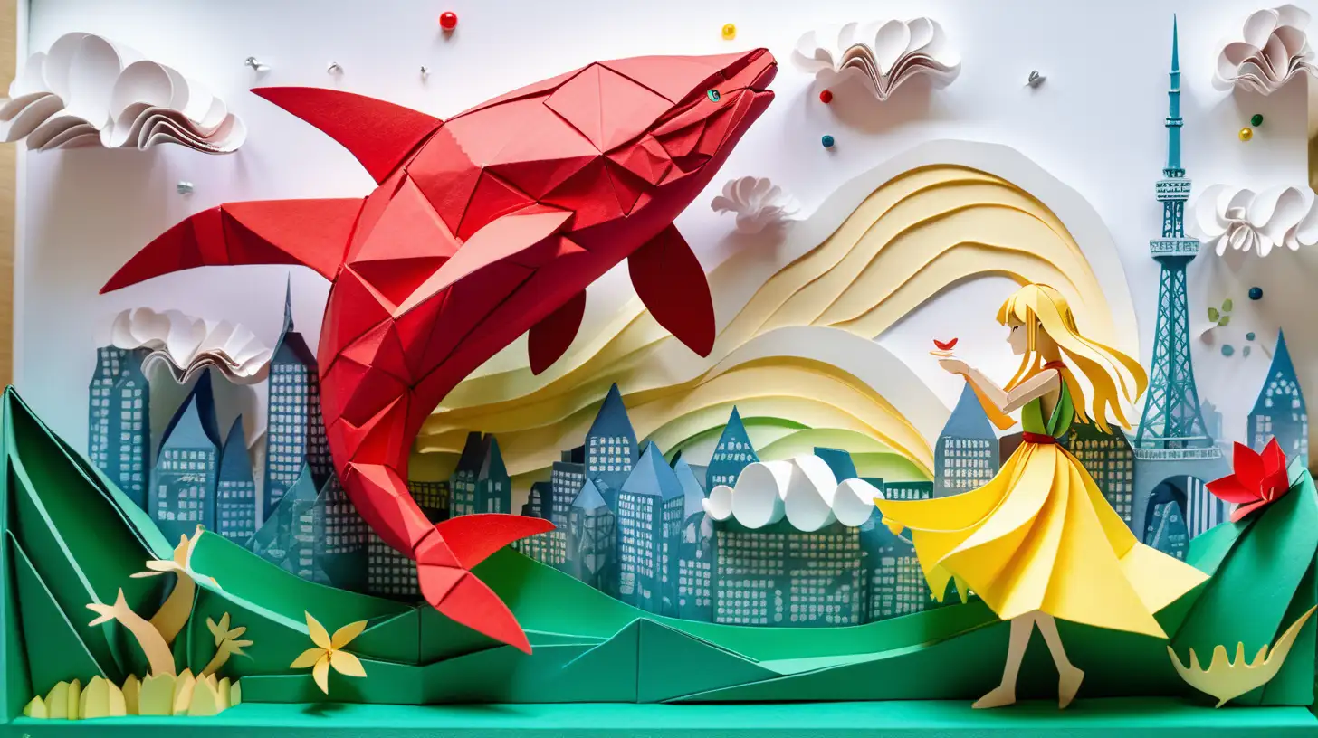 Abstract art paper art origami diorama of ghibli inspired image of a beautiful enchanting yellow-haired, green-eyed fairy playing with a big red whale in tokyo skyline, with clouds like waves and bubbles and sunshine