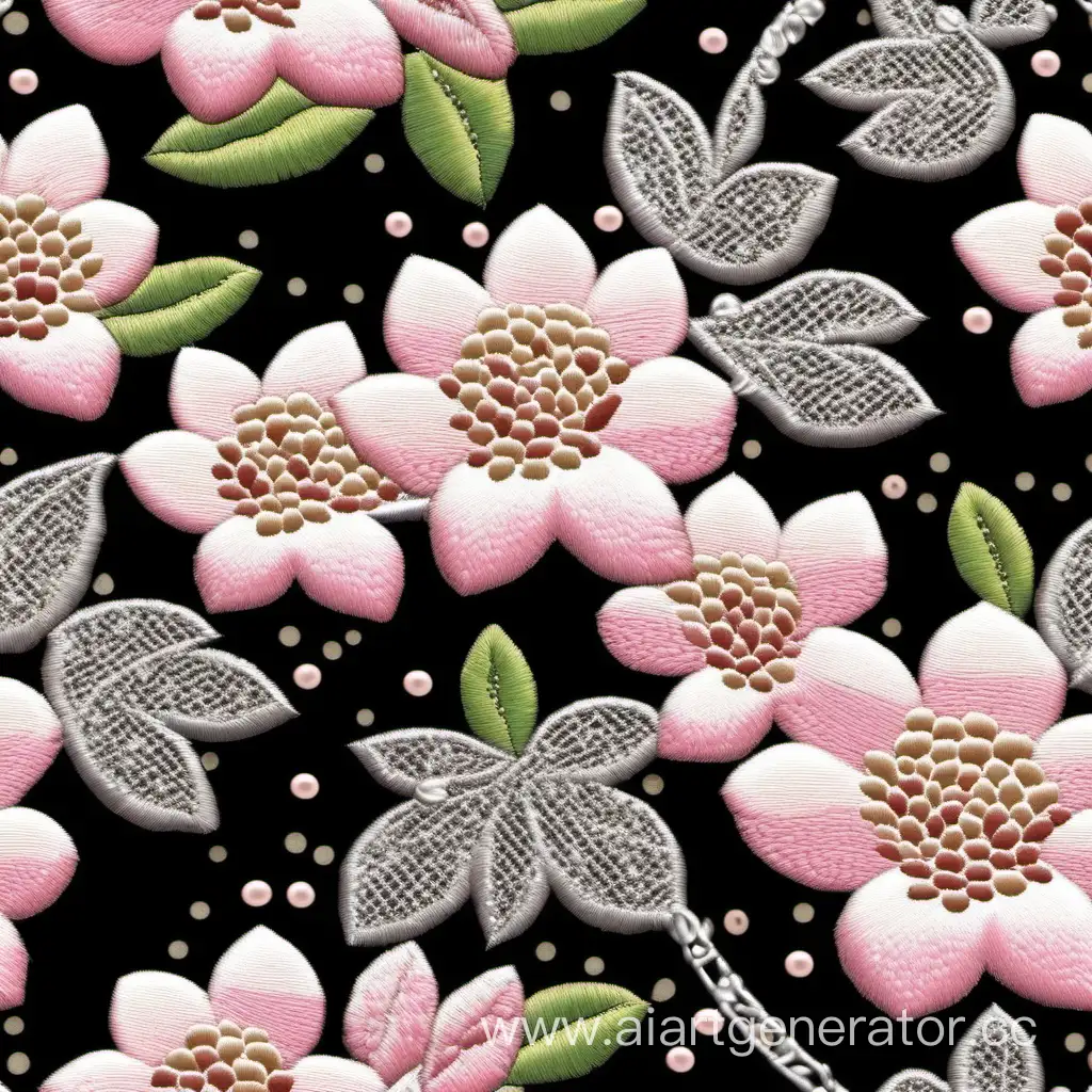 the color scheme is light with the addition of sequins and silver glitters, creating a floral rapport pattern on textiles with sakura flowers, rapport is made diagonally, sakura petals are white with a contrasting center, leaves are oval or teardrop-shaped with slightly jagged edges, sakura consists of 5 terry petals, the size of the flowers is small,the style of the pattern is decorative, the style is Japanese. do not use a human hand, plasticine, embroidery, foreign objects, inscriptions, black color, bright color, green color, blurring