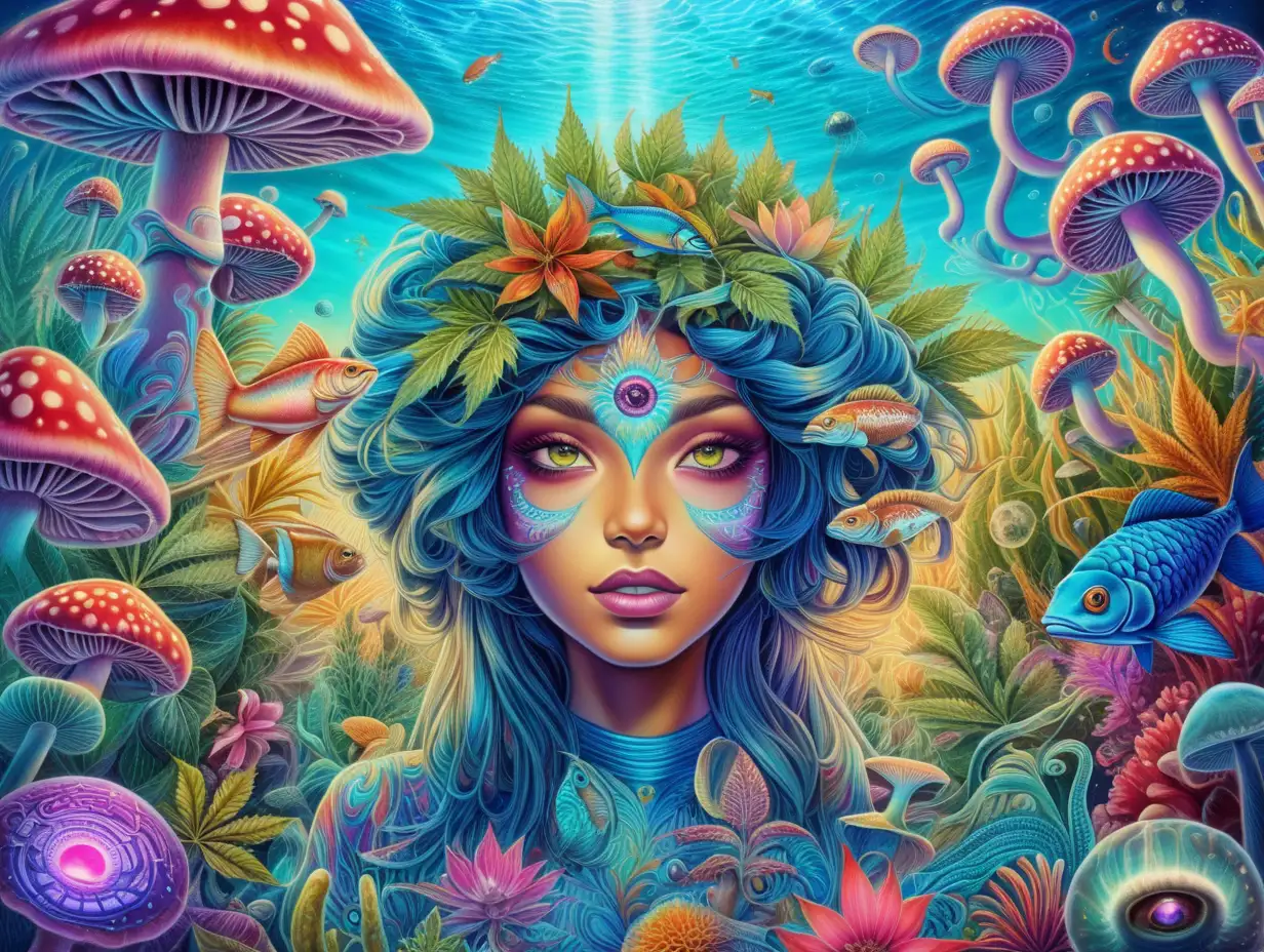 Psychedelic colors and patterns, a field of cannabis, flowers & magic mushrooms, under the sea with beautiful fish, vibrant colors with an exotic woman with the all seeing third eye up front