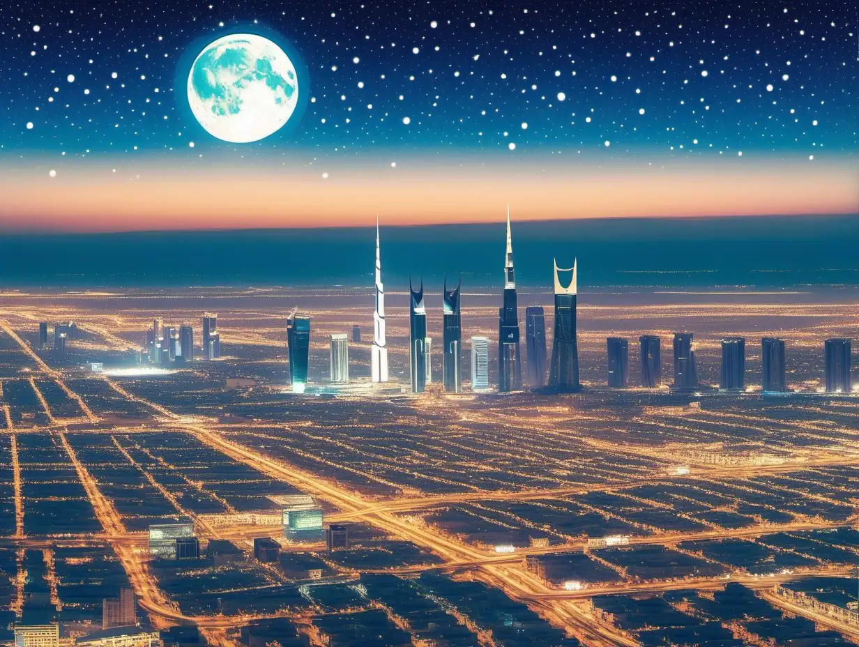 Romantic Blue Sky with Full Moon Over Illuminated Riyadh City