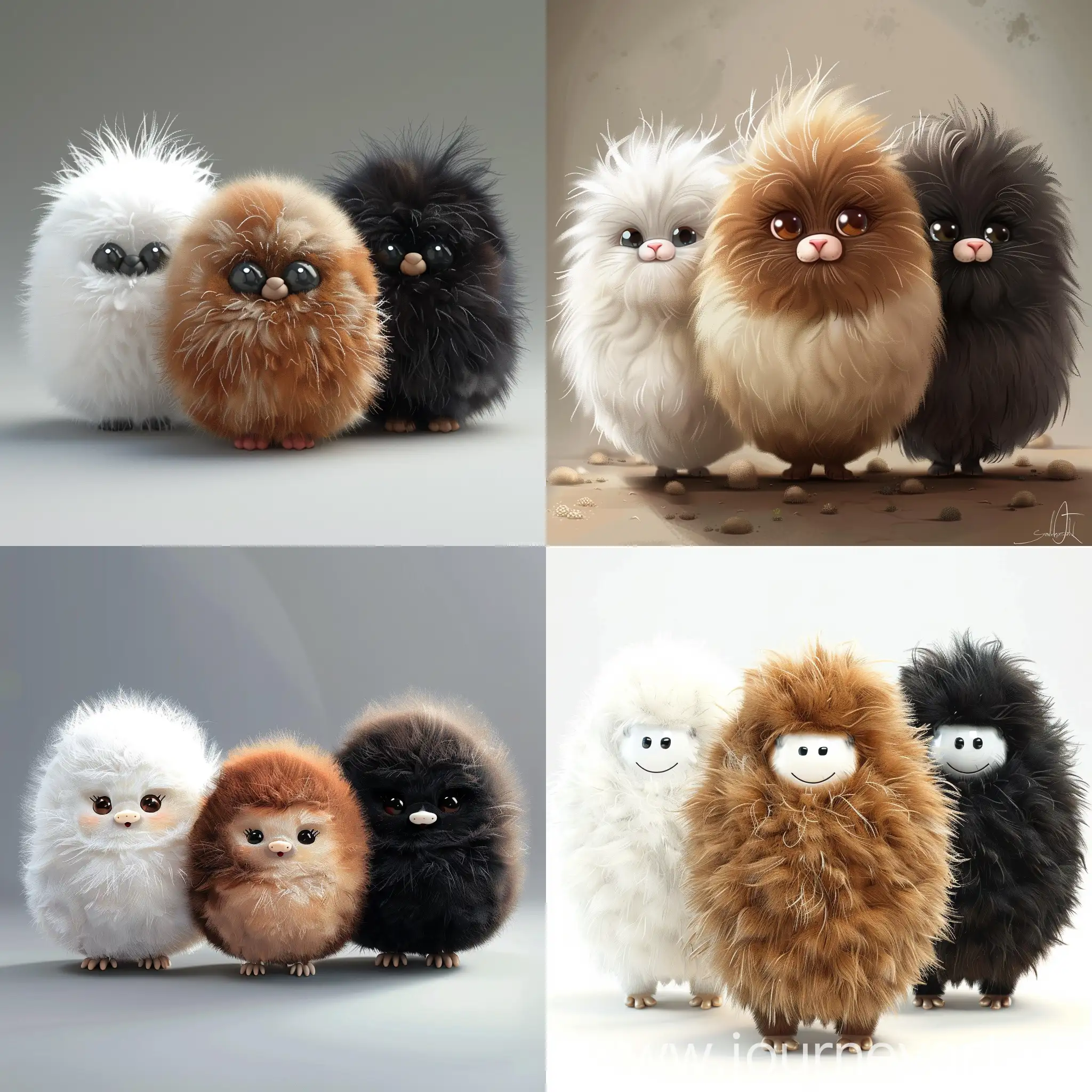 Three beautiful fluffy smiling animals, white, brown and black, egg-shaped with a fur-covered nose and a visible eye, round eyes — stylize 750