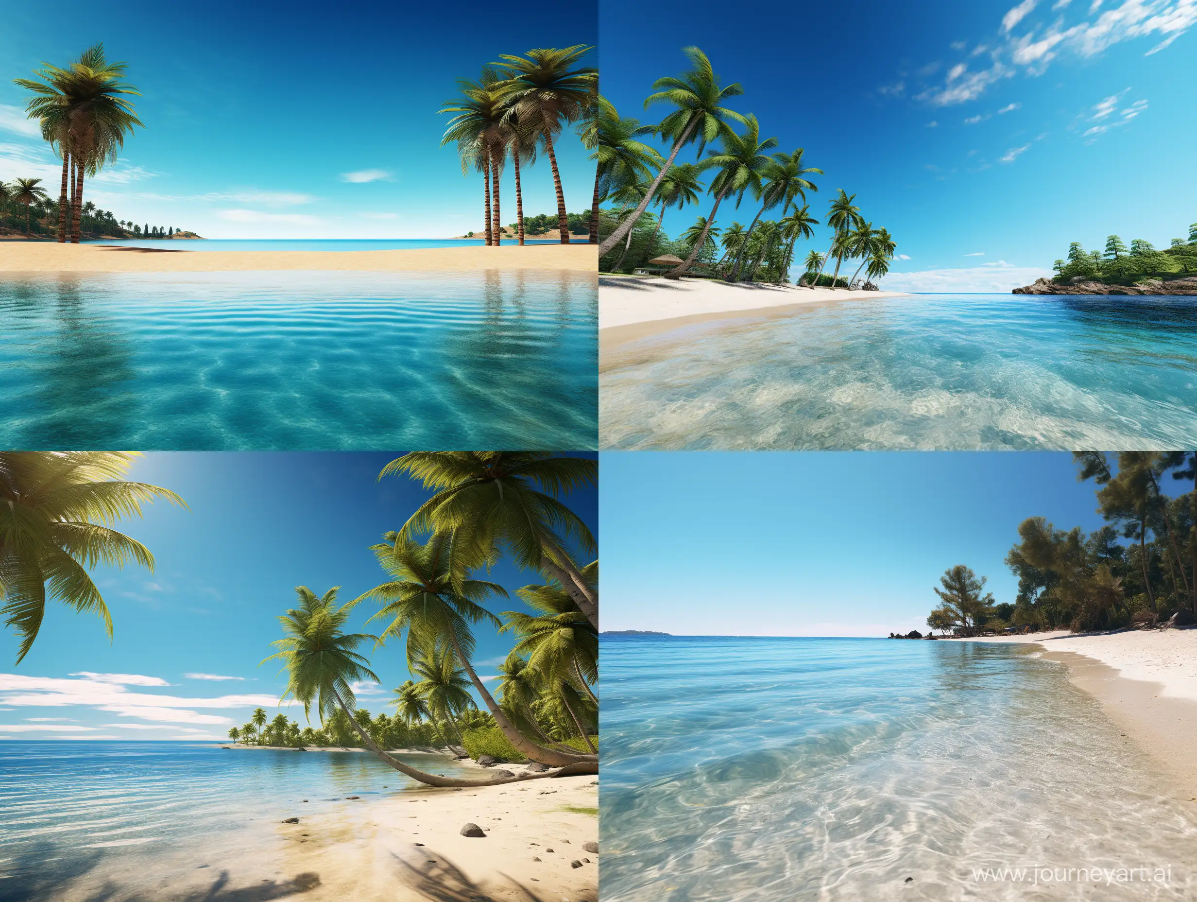 beaches, sun, blue sky and turquoise water, pine trees, palm trees, beach. professional photography, beautiful, symmetry, 5d, realistic,1024k, high resolution, high detail, CGI, hyperrealism, f/16, 1/100 s, 4k, aesthetically pleasing, f/2.8, 1/250 s, 30 mm lens, ISO 100.