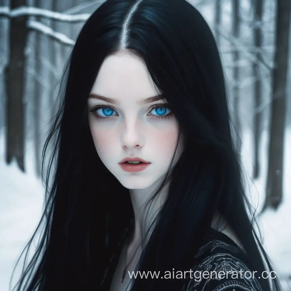 Красивая девушка с глубокими голубыми глазами и длинными чёрными волосами. Бледная кожа, красивая, холодная, опасная.