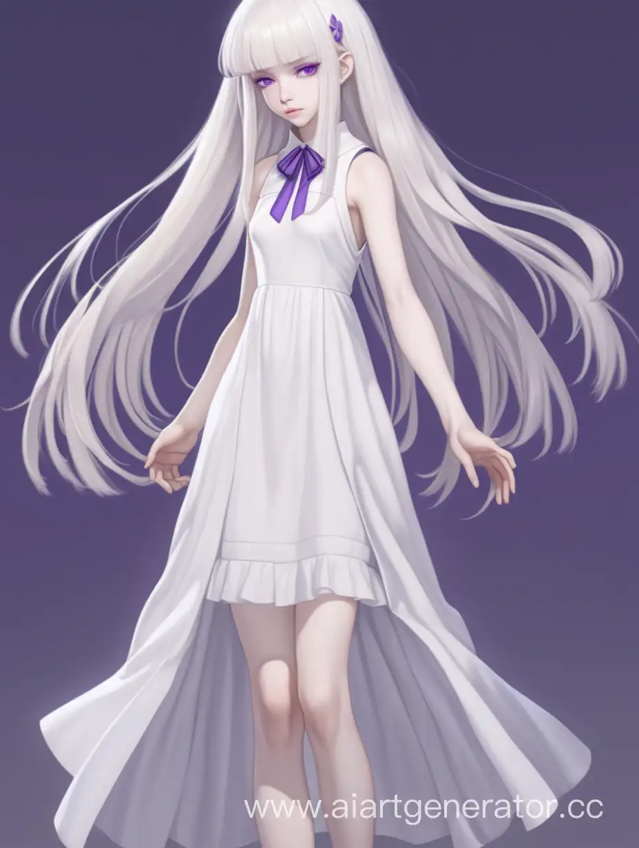 Anime girl albino in full height in a very short elegant modernism dress with long hair down to the knees and shaggy bangs and with purple eyes