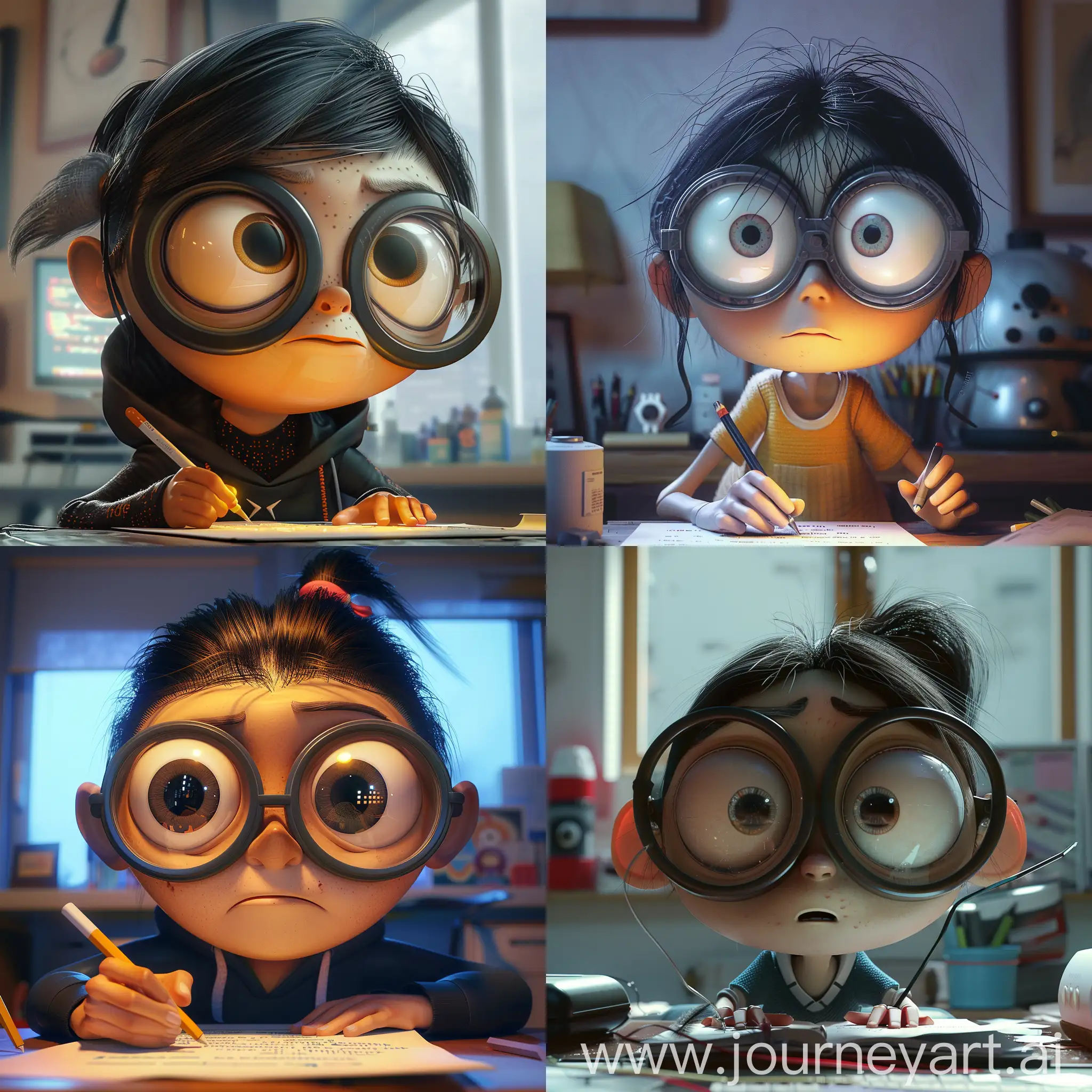 A crazy programmer with big eyes and huge round glasses writes code. pixar style