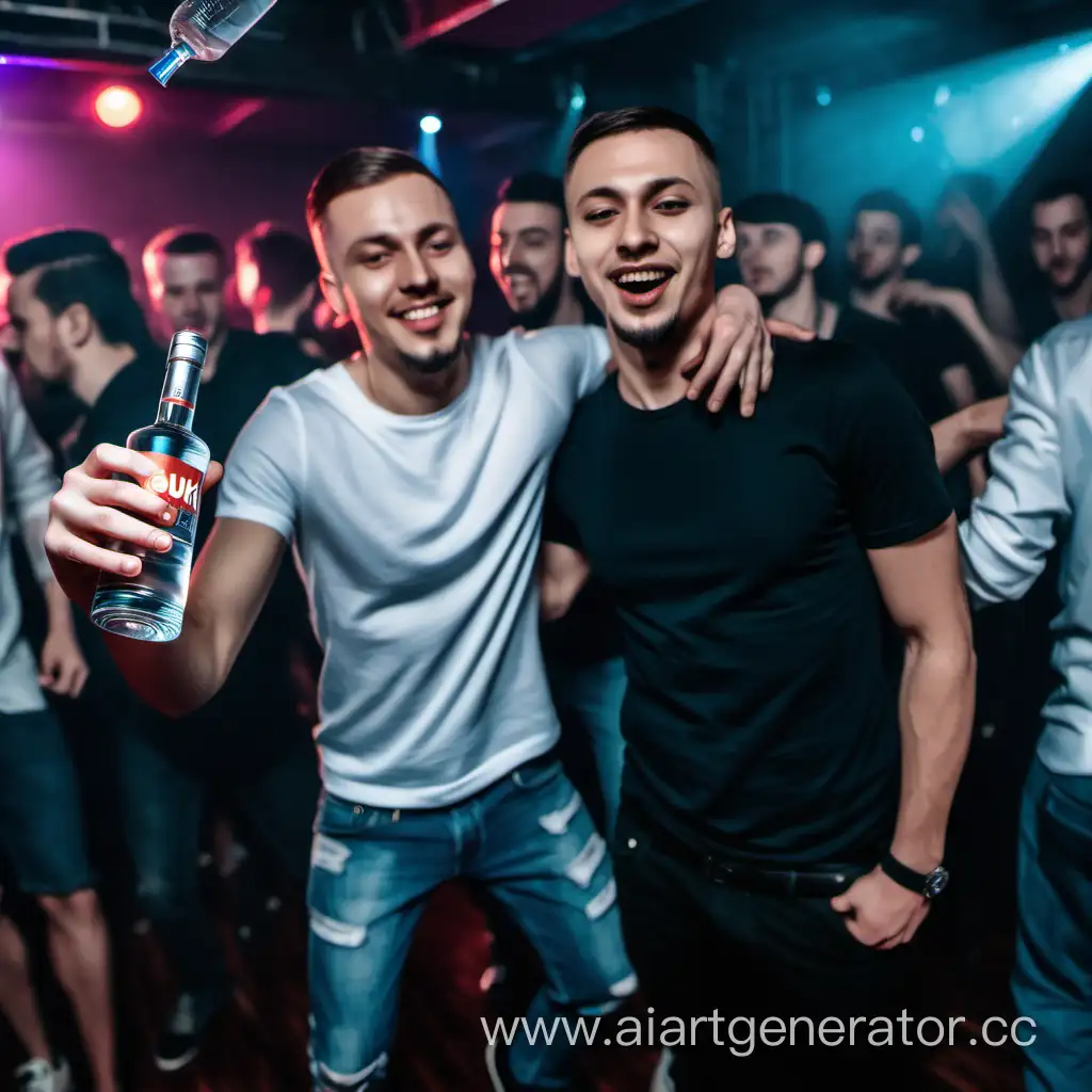 Два  парня стоящие на танцполе в клубе а вокруг них много людей  у одного из  парней в руках бутылка водки