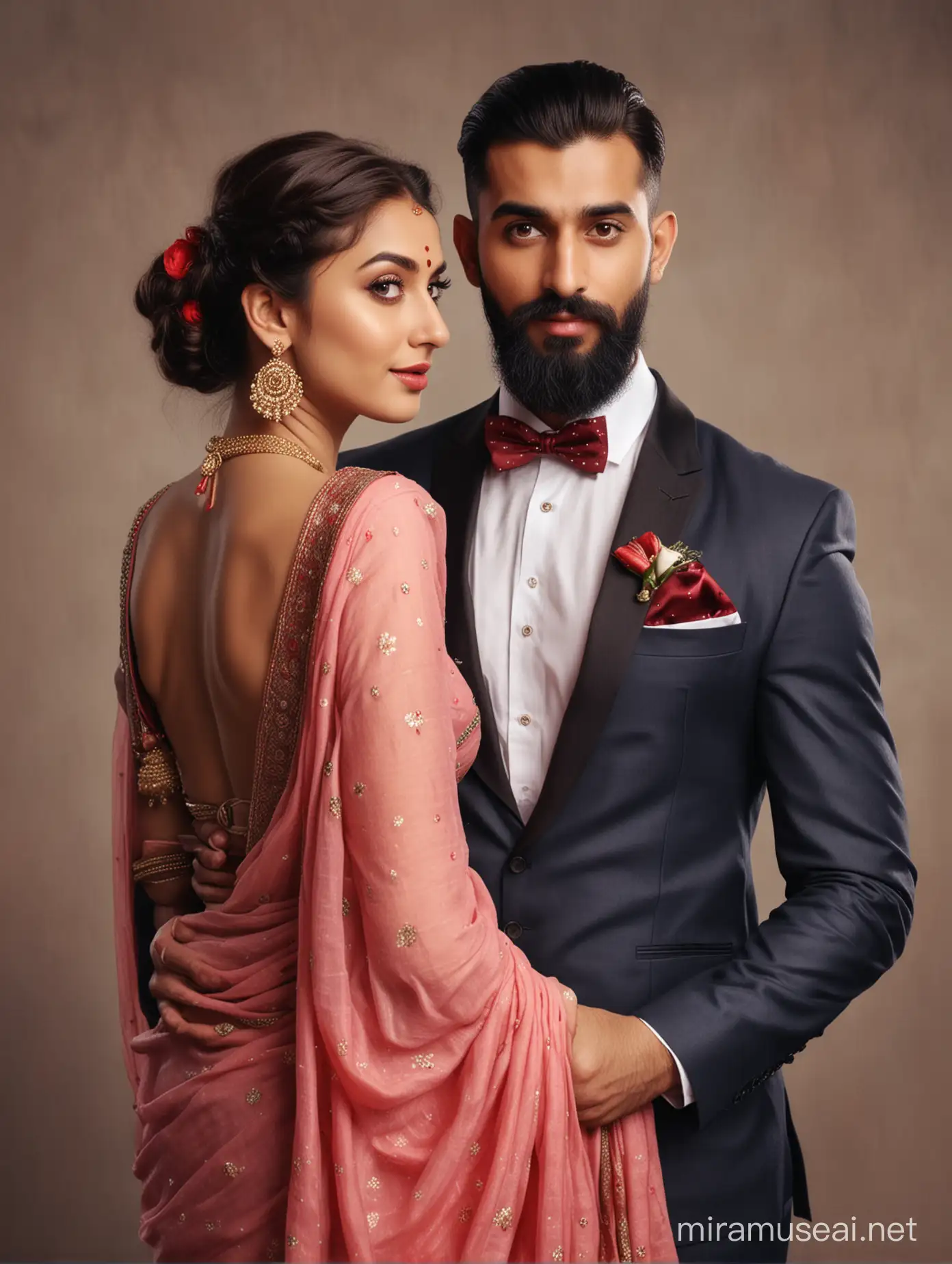 full portrait photo of most beautiful european couple as most beautiful indian couple, most beautiful girl in saree,  low cut back with big knot, red dot,  full makeup, embracing man from back side, girl holding man from back, girl holding man from back with emotional attachment and ecstasy, man with stylish beard and in formals and tie, photo realistic, 4k.
