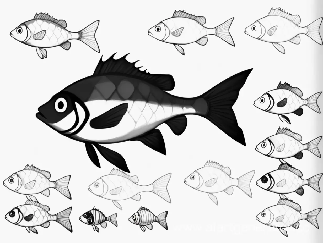 Monochromatic-Fish-Character-Reference-Sheet-with-White-Eyes
