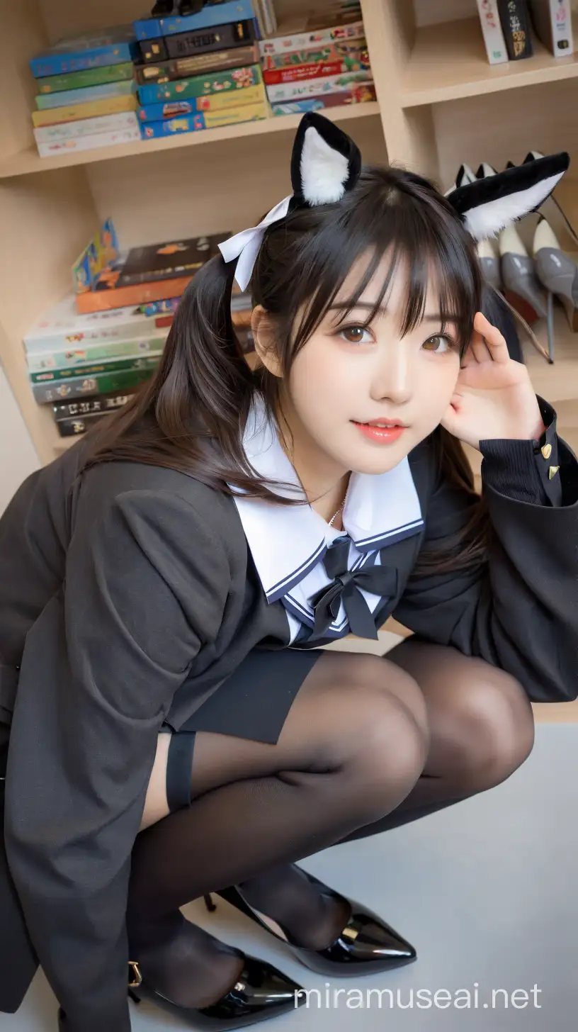 Adorable Kawaii Japanese Girl Cosplaying in School Uniform with Black Stockings and High Heels
