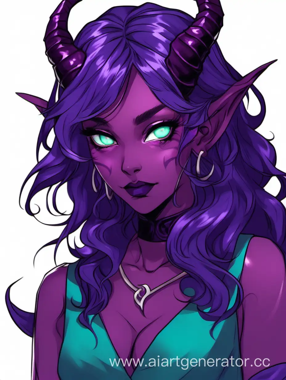 Girl, tiefling, small horns, purple skin, medium-length wavy dark purple hair, turquoise eyes, elegant purple dress