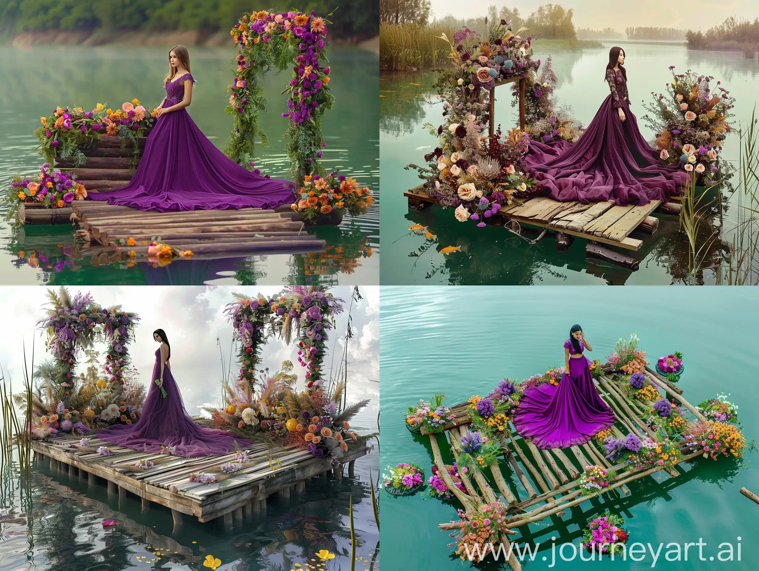 Girl-in-Lush-Purple-Dress-on-FloralDecorated-Wooden-Platform-by-Lake