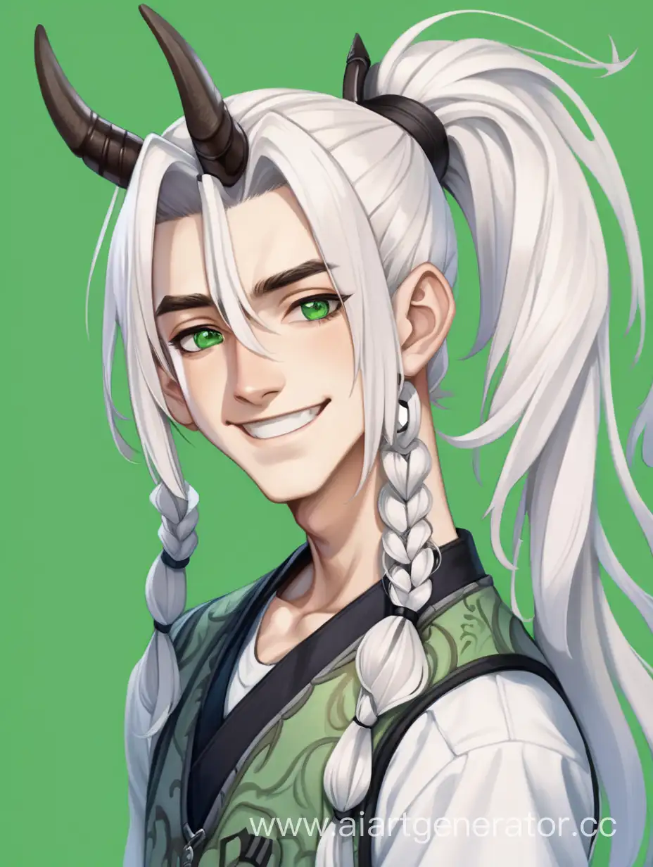 Подросток мальчик с длинными собранными в хвост белыми волосами, бледной кожей, с маленькими рогами на голове, с улыбкой, зеленные глаза