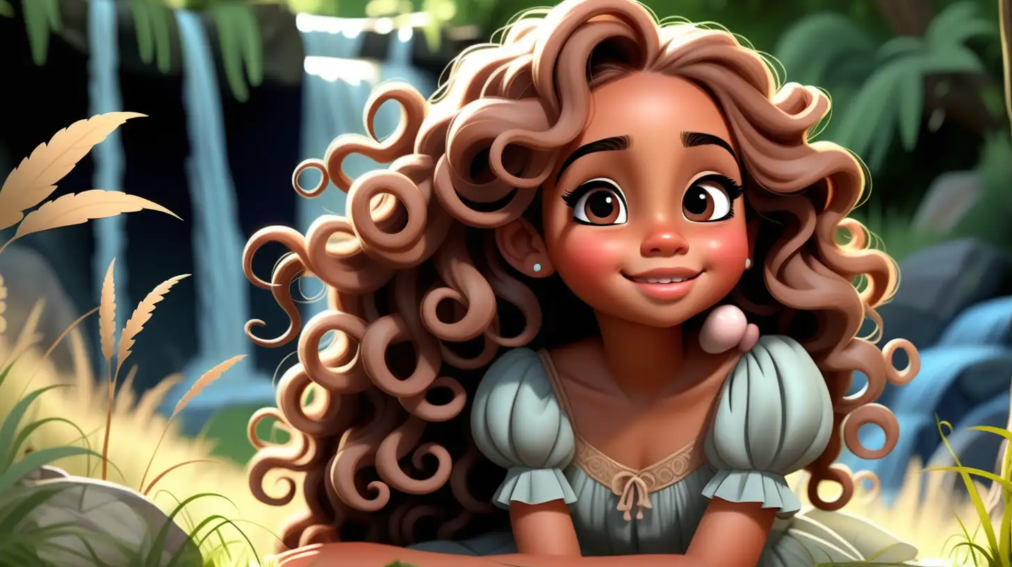 A beautiful 7 year old girl, cute, light brown skin, big hazel eyes long black eyelashes, blush,beautiful lips, round face, sitting in tall grass, head resting on hand, waterfall, trees, looking up, extremely long brown detailed curly hair, dress, disney style, cartoon character, happy smirk, sun light shining on her face, blue sky, clouds, 
