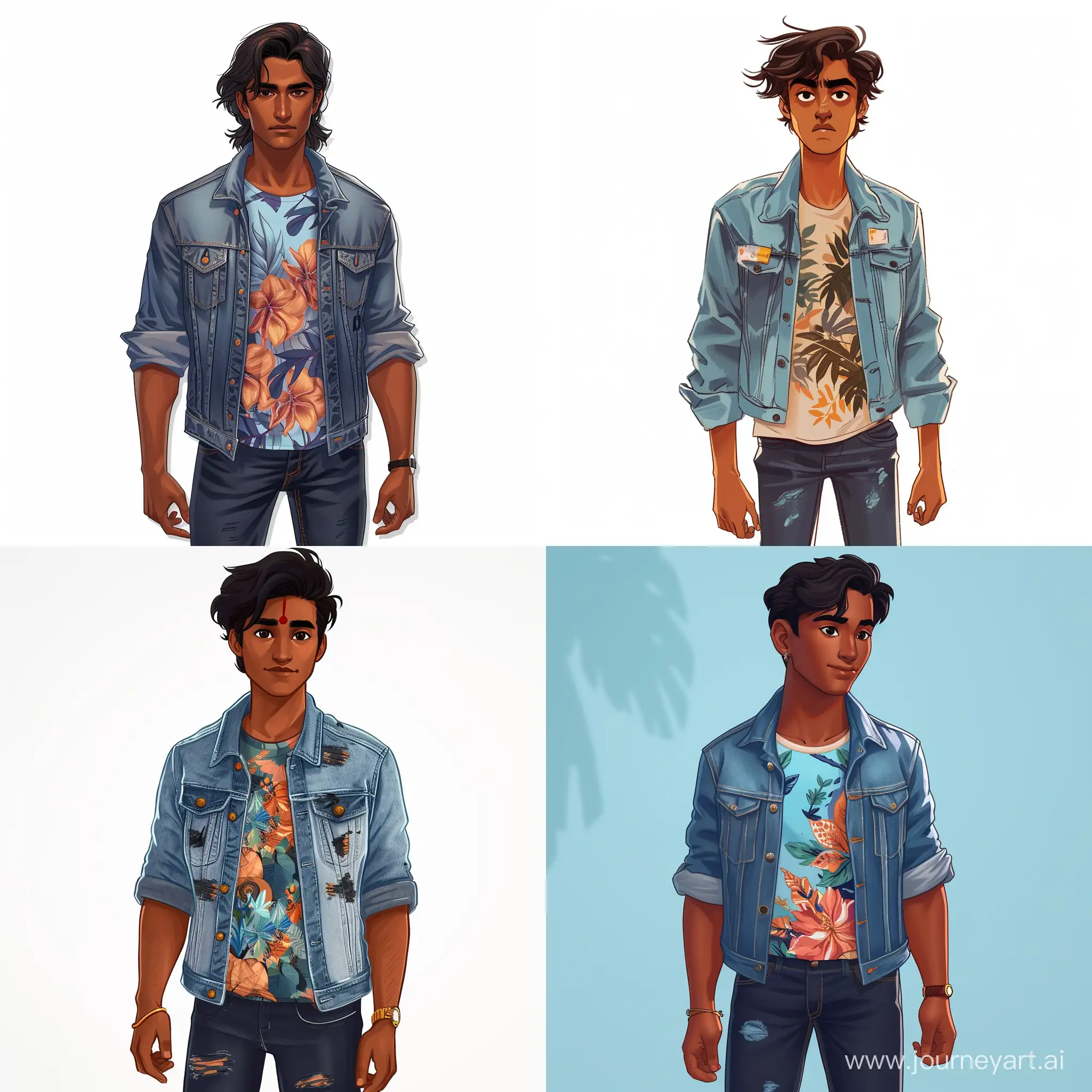 Vedant:  • Emotion: Curious and eager to learn truths.  • Appearance:  • Clothing: T-shirt with a thoughtful or artistic print, layered with a stylish denim jacket. Well-fitted jeans complete the look.  • Body: Lean and relaxed, showcasing a casual and contemplative vibe.  • Skin: Brown  • Hair: Black, perhaps with a slightly unkempt but intentional look  • Eyes: Dark black, reflective and thoughtful  • Eyebrows: Natural and arched, conveying curiosity  • Characteristics: Philosophical thinker, embracing a casual yet thoughtful style.  • Additional Traits: Reflective, analytical, and spiritually .