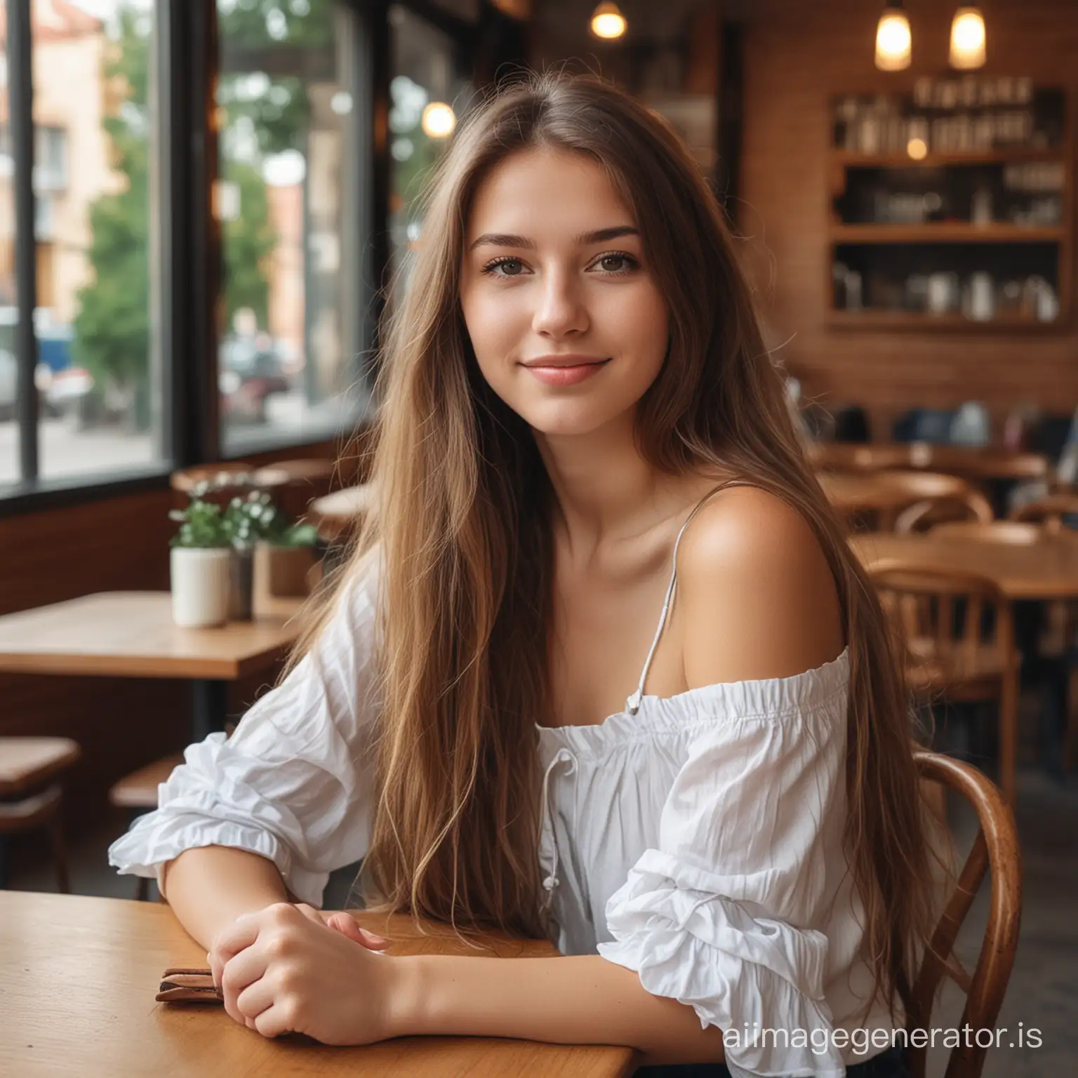 A photo of a beautiful long-haired girl sitting in a cafe