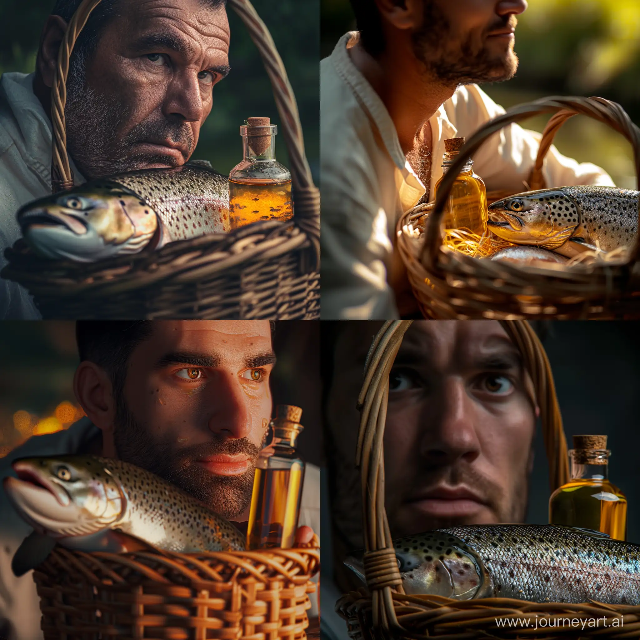 Hyperrealistic-Portrait-of-a-Man-with-Basket-of-Fish-Oil-and-Salmon