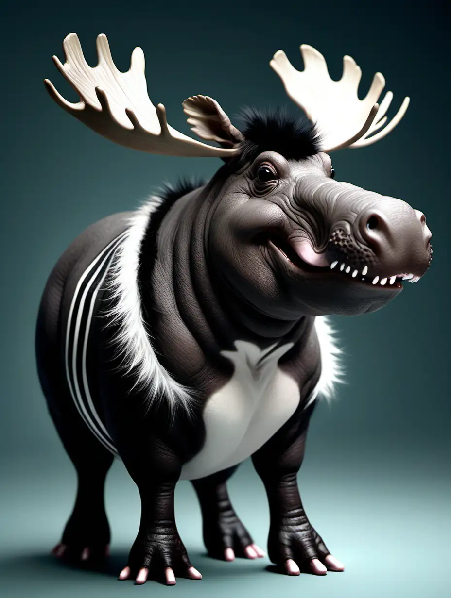 Fantasy MooseHippo Fusion with Skunk Fur Whimsical and Highly Detailed Imaginative Art