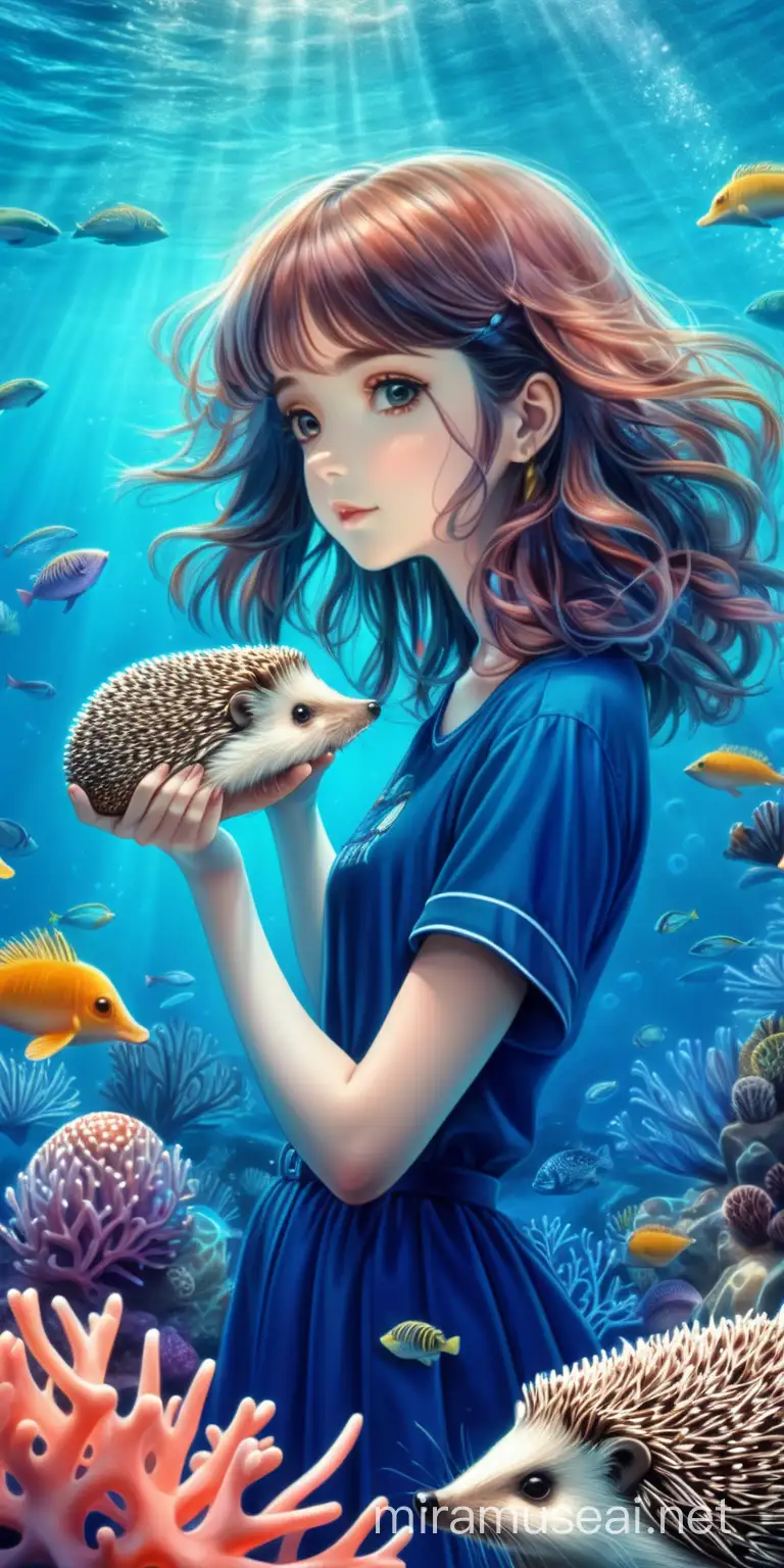 cute anime woman hold a hedgehog Blurred underwater setting, marine life, vibrant colors, detailed coral artwork, realistic style, deep ocean backdrop, mesmerizing quality.