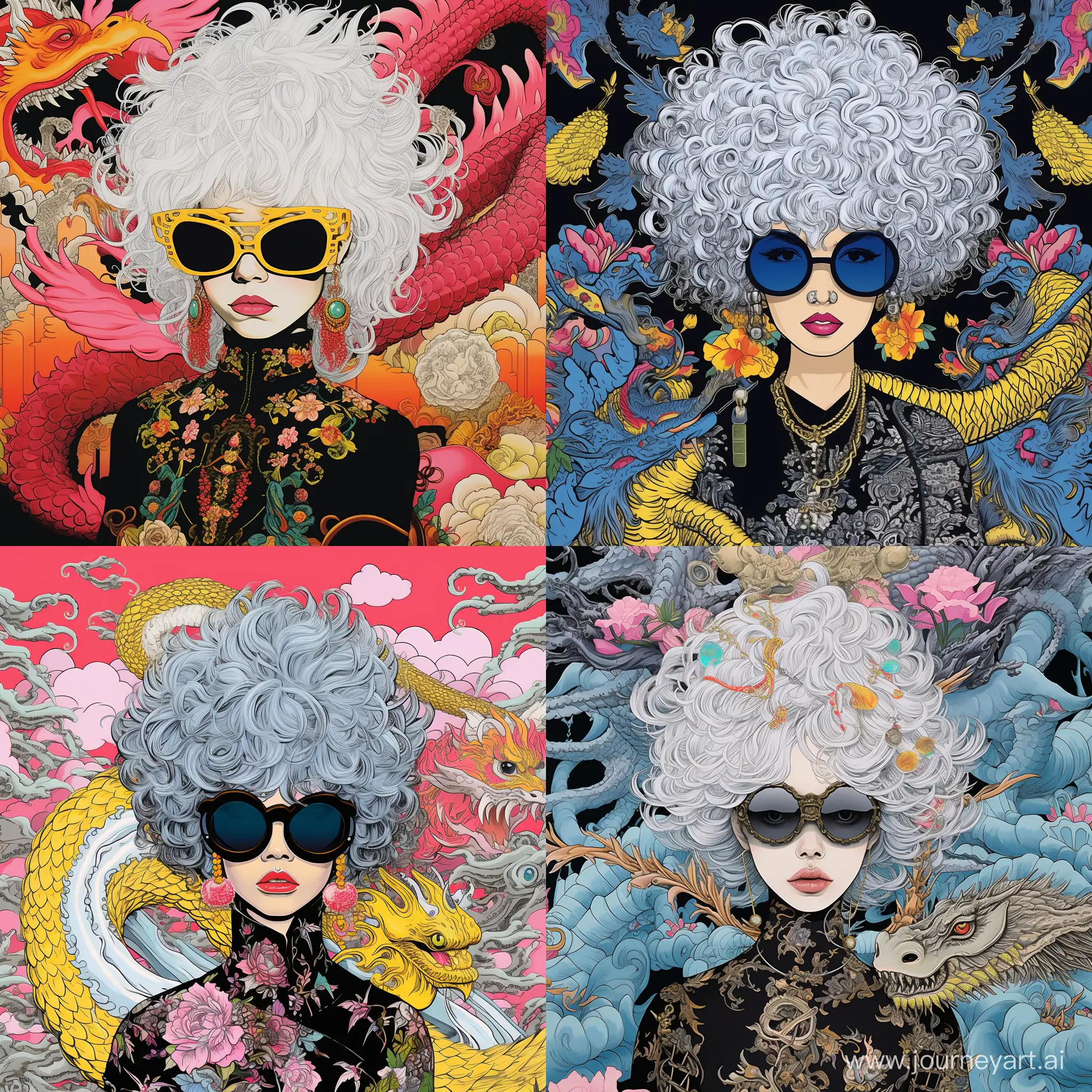Rococo style Dragon Empress Dragon with small round sunglasses, Michael DeForge & Julie Doucet & Philippe Druillet & Kaethe Butcher mixed styles