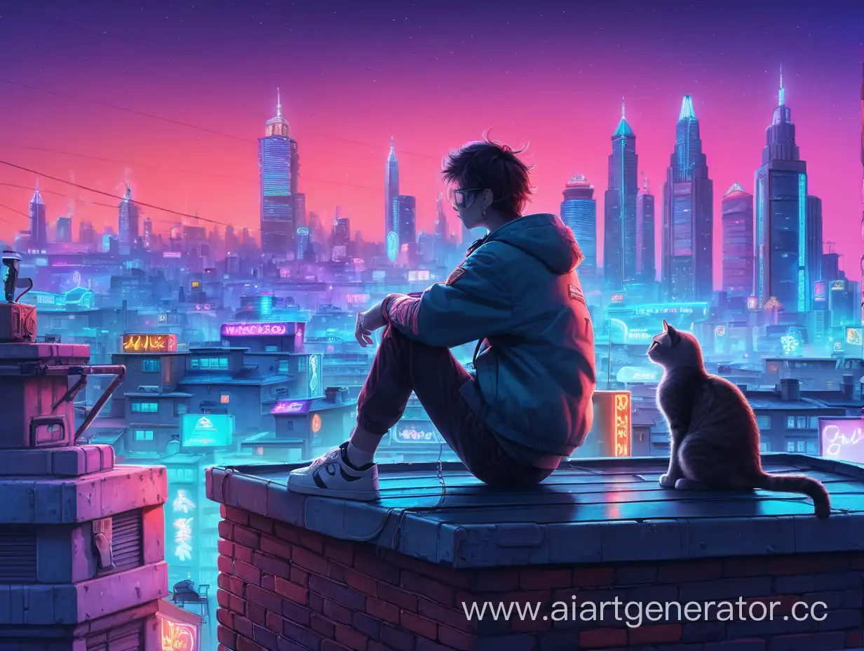 Парень сидит на краю крыши рядом с котом на фоне неонового города