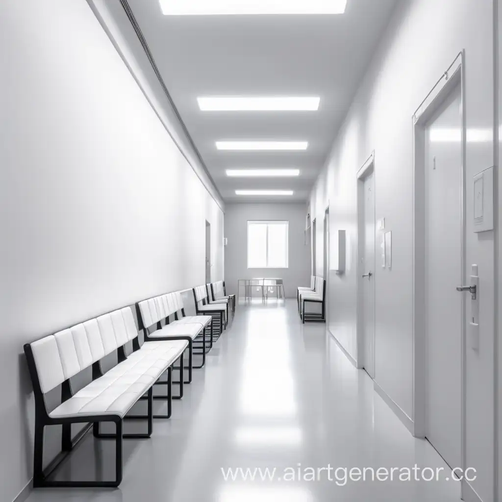 белый минималистичный коридор современного архитектурного колледжа с современной мебелью, где можно постоять и посидеть 