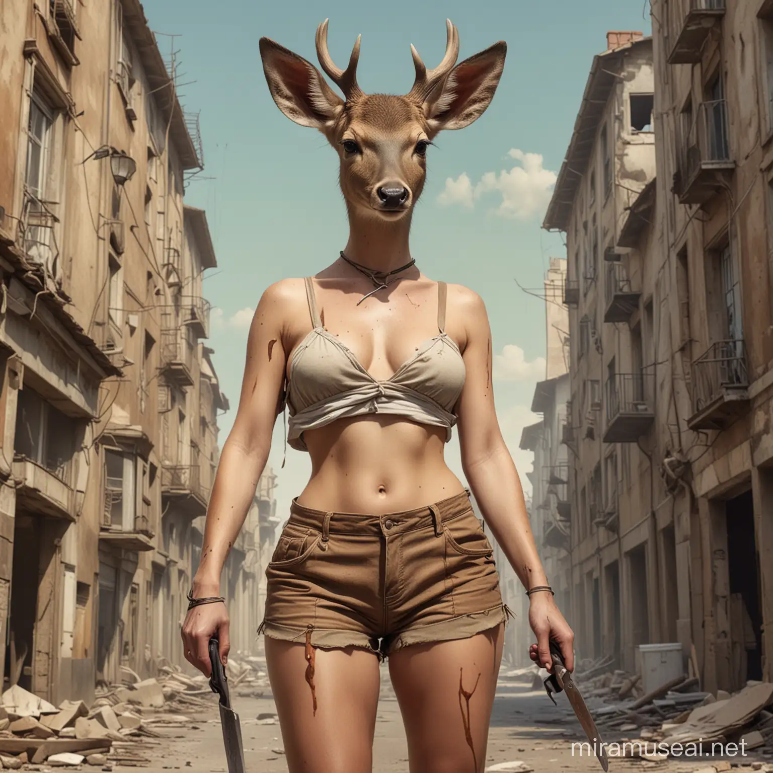 anthropomorphic doe (female deer) naturist, wearing old shorts and holding knife, in post-apocalyptic city, in style of ingres