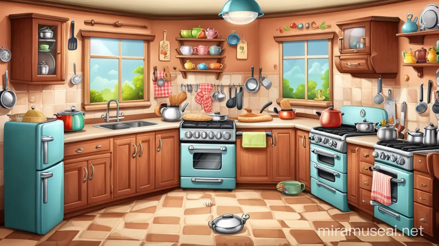 Cartoon Kitchen with Colorful Appliances and Utensils