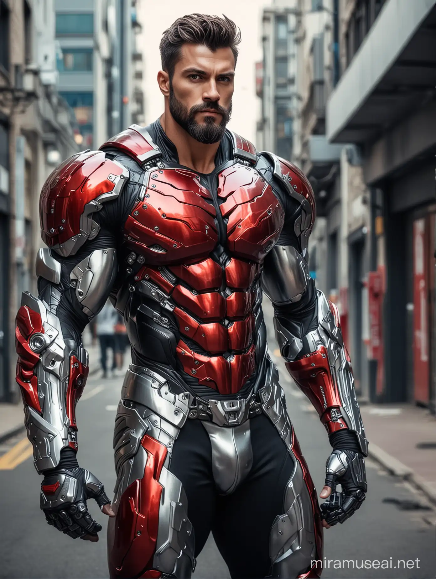 Tall and handsome big bodybuilder men with beautiful hairstyle and beard with attractive eyes and Big wide shoulder and chest in sci-fi High Tech sliver, red and black armour suit standing in street 
