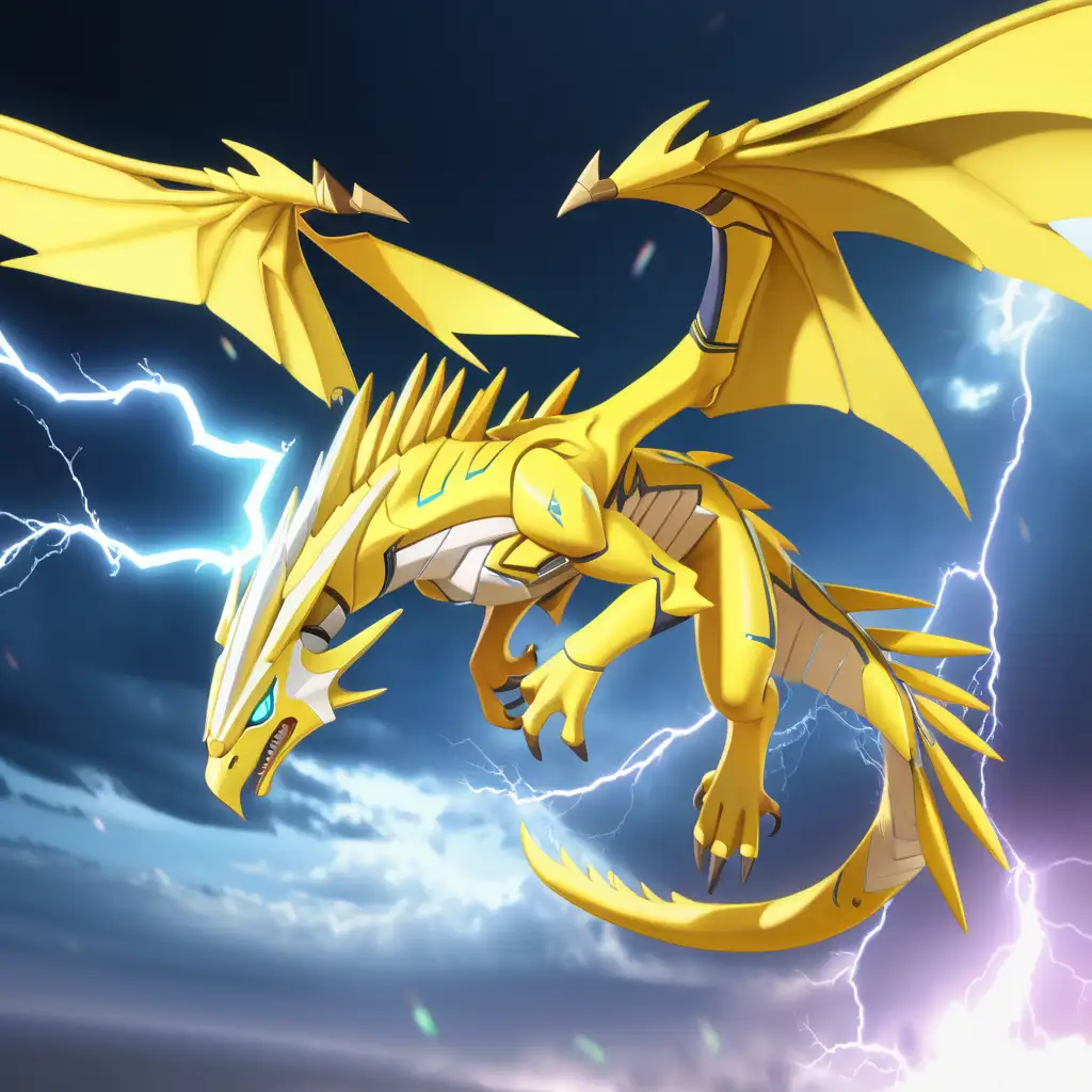 anime lightning wyvern, dynamic pose, intense, high energy, view from the side, no arms, yellow theme, cartoonish, giant wings, wings tucked and folded, diving
