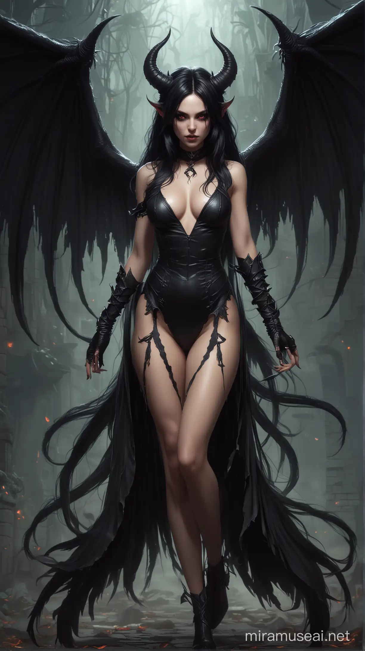 A succubus. She is very beautiful. She has very long flowey black hair. She has wings. She has a demon tail. She has demon horns.  She wears very skimpy clothes