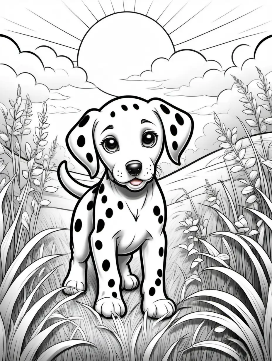 Adorable Dalmatian Puppy Coloring Page in a Sunlit Meadow