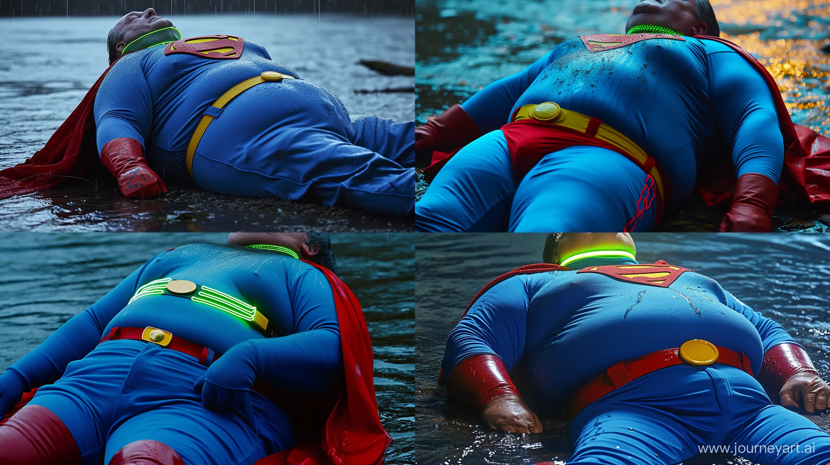 Close-up photo of a fat man aged 60 wearing a tight blue 1978 smooth superman costume with a red cape and tight green glowing neon dog collar on his neck lying in the rain. Blue shirt. Blue pants. Red boots. Red Underwear. Yellow Belt. Natural Light. River. --style raw --ar 16:9