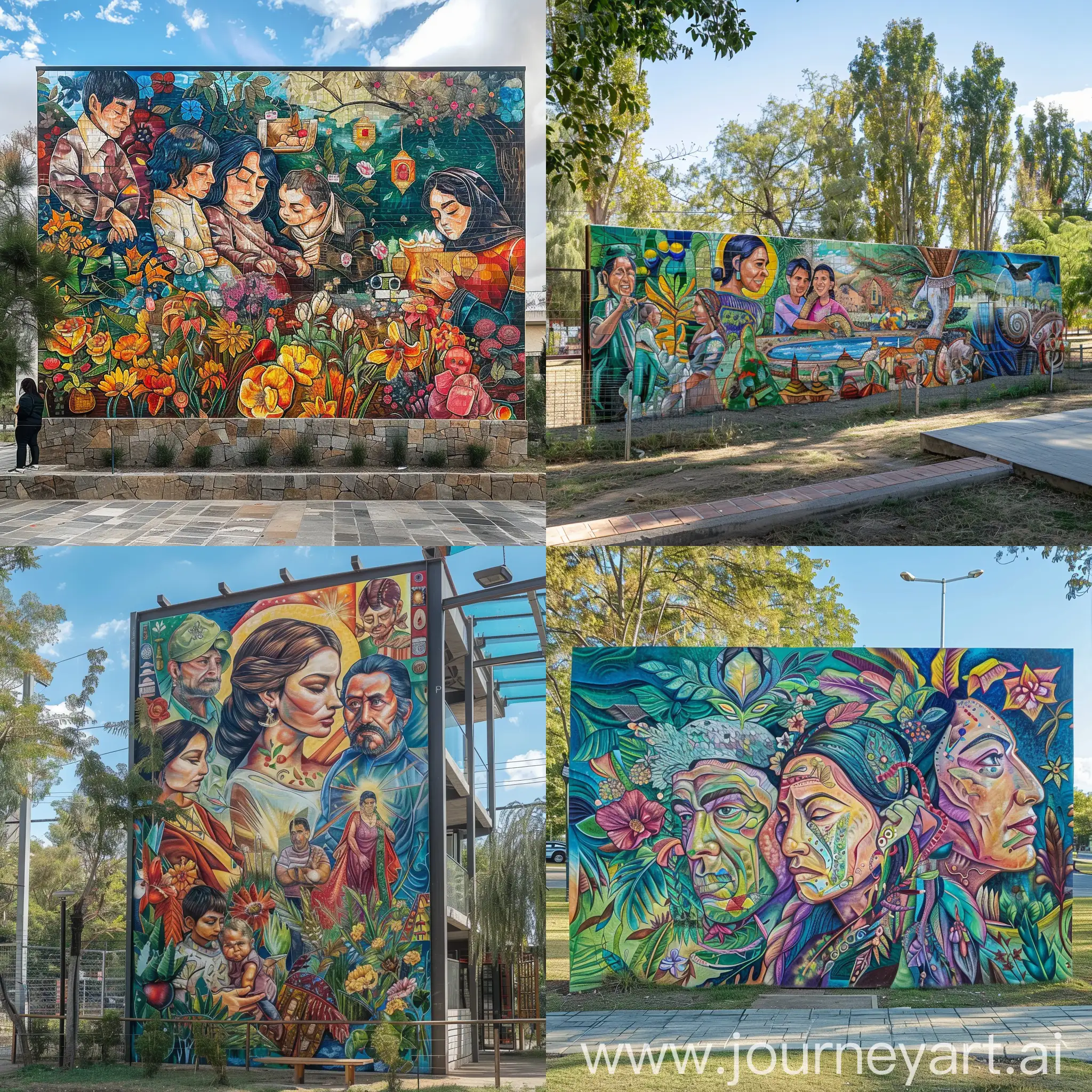 Mural urbano para un parque donde represénte las elementos como la familia, la naturaleza asi como la cultura arraigada y raíces, además de elementos como ofrendas religiosas, ubicada en la colonia huentitan el bajo de Guadalajara.