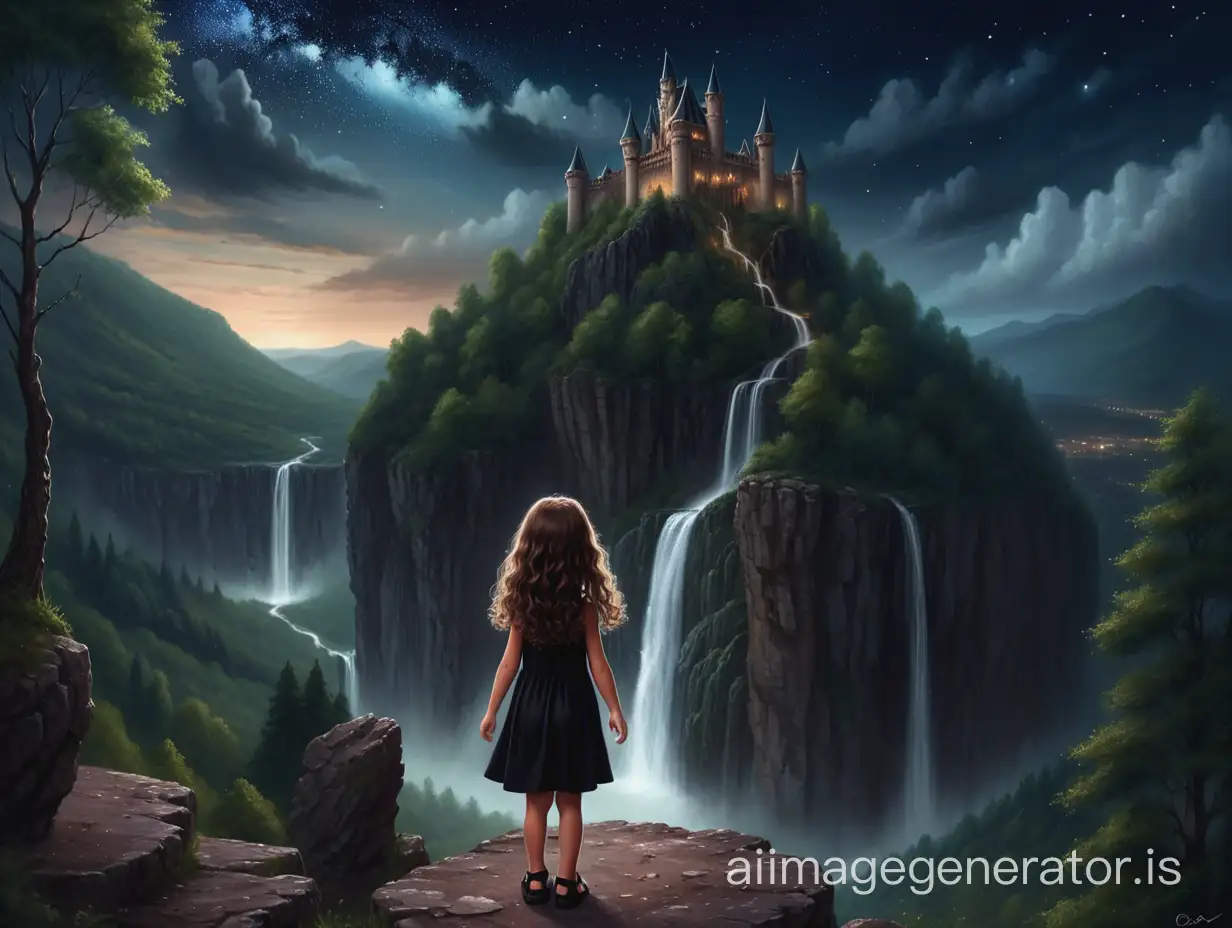 Beautiful night sky, a beautiful thin little girl, long curly brown hair, she is wearing a black dress, shoes, the girl can be seen in full growth, the girl came out of the forest, a high mountain is visible in the distance, there are many trees on the mountain, waterfalls, rocks, gorges are visible, faith of the mountain there is a castle